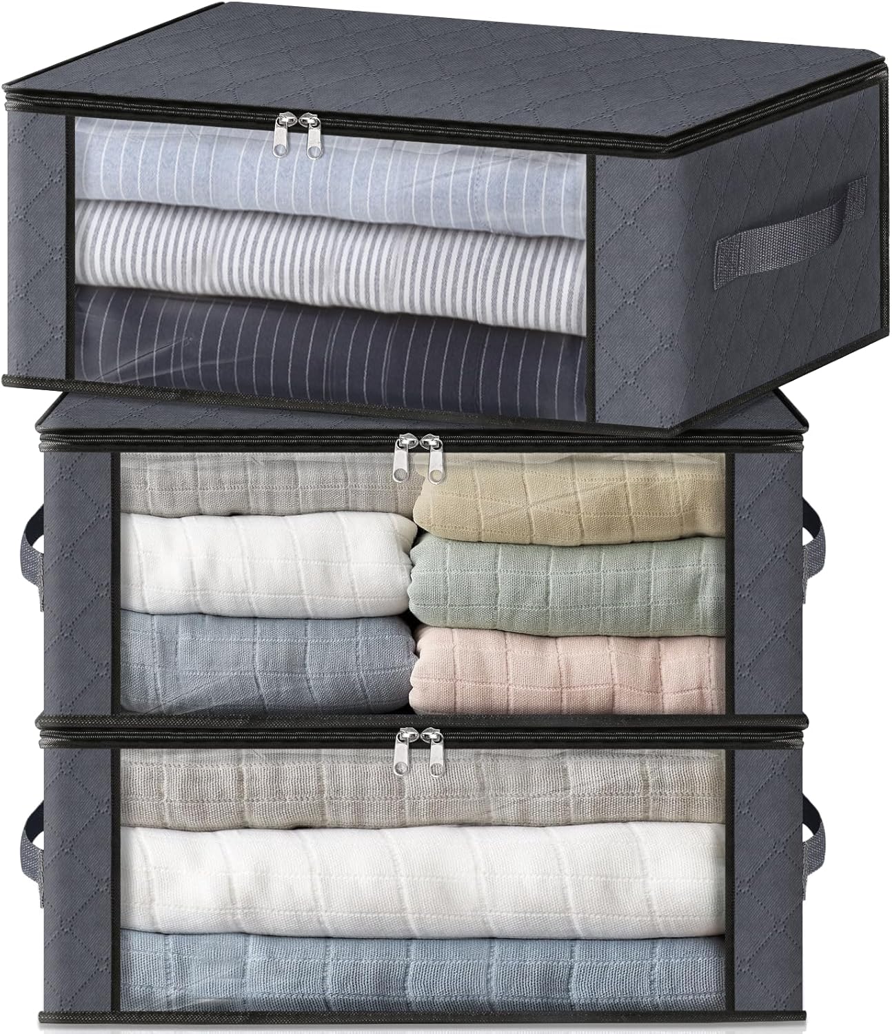 HomeHacks Storage 3-Pack Clothes Organizer Storage Bags Foldable Storage Box with Large Clear Window Sturdy Handles for Closet, Dorm, Pillows, Bedding, Clothes, Blankets, 35L, Gray HomeHacks Storage 3-Pack Clothes Organizer Storage Bags Foldable Storage Box with Large Clear Window Sturdy Handles for Closet, Dorm, Pillows, Bedding, Clothes, Blankets, 35L, Gray