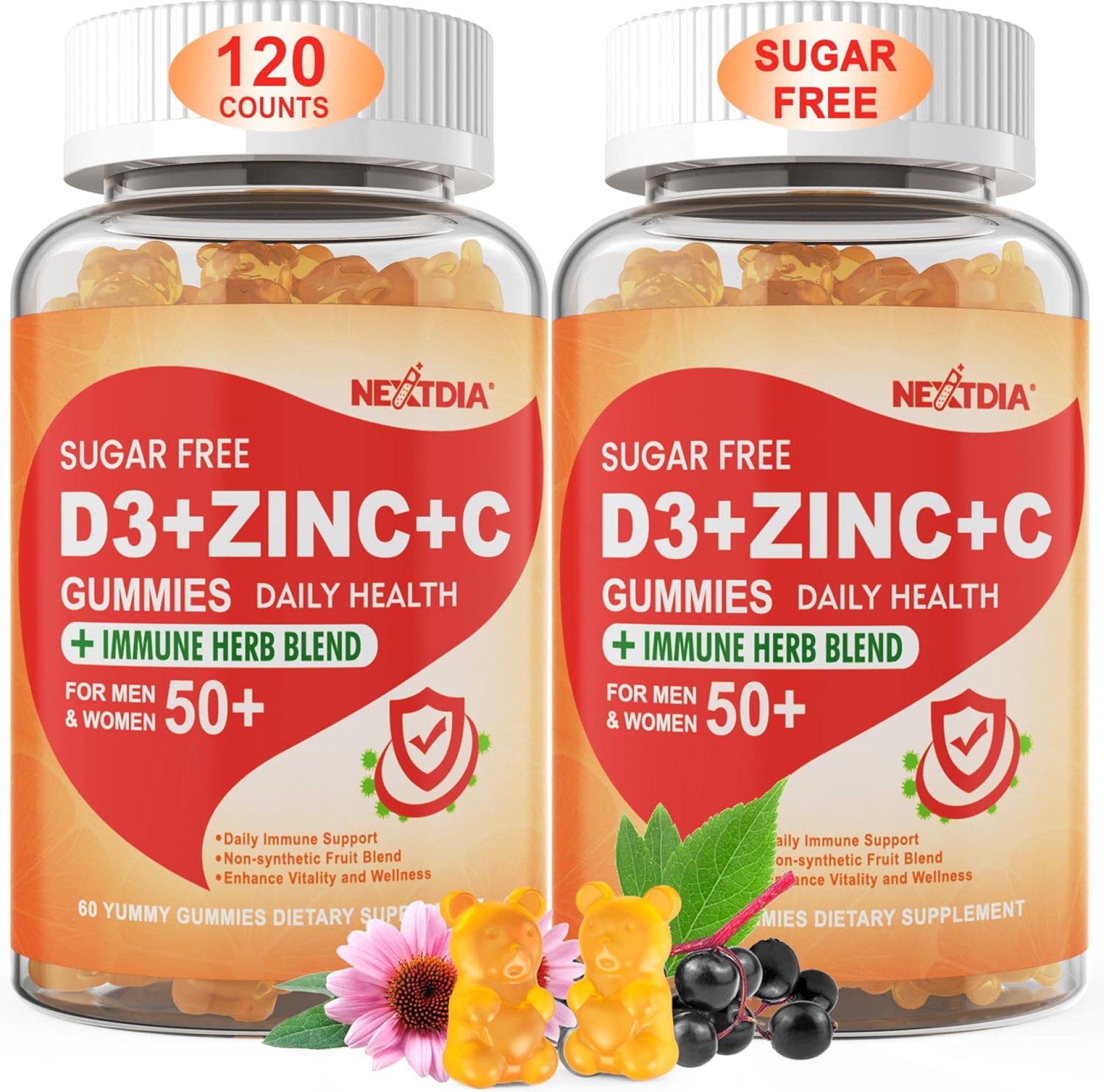 Sugar Free Vitamin C + D3 + Zinc Gummies for Adults 50 +, 9 in 1 Immune Defense Supplement with D3 5000IU, Elderberry, Echinacea, Mullein Leaf for Boost Immunity, Power Antioxidant, Vegan (Pack of 2) Sugar Free Vitamin C + D3 + Zinc Gummies for Adults 50 +, 9 in 1 Immune Defense Supplement with D3 5000IU, Elderberry, Echinacea, Mullein Leaf for Boost Immunity, Power Antioxidant, Vegan (Pack of 2)