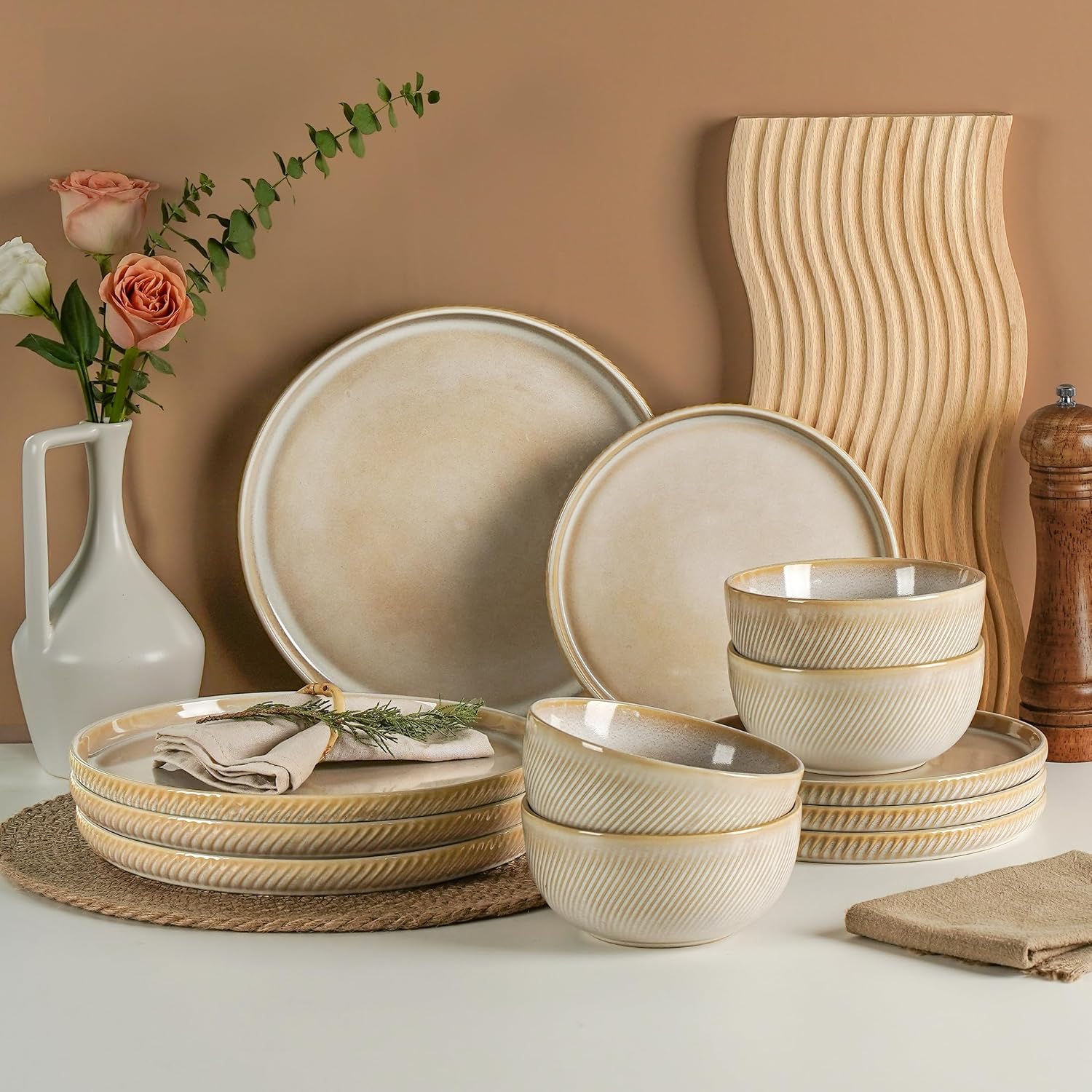 Stoneware Dinnerware Sets for 4, 12-Piece Scratch Resistant Plates and Bowls Set, Dishwasher and Microwave Safe Ceramic Dishes Set, Ribbed, Sculpted Dune Stoneware Dinnerware Sets for 4, 12-Piece Scratch Resistant Plates and Bowls Set, Dishwasher and Microwave Safe Ceramic Dishes Set, Ribbed, Sculpted Dune