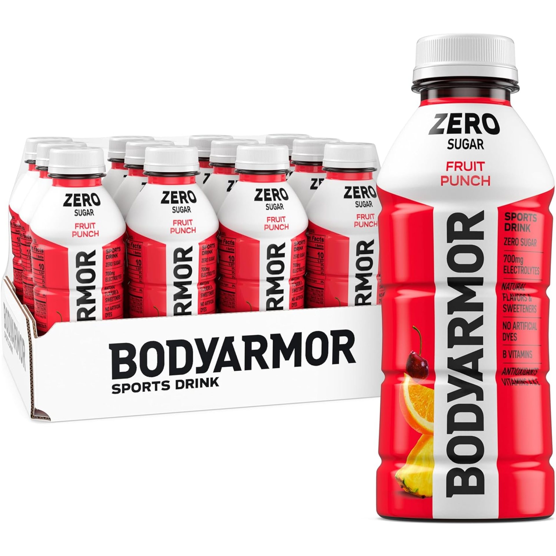 BODYARMOR ZERO Sugar Fruit Punch, Sugar Free Sports Drink – Low-Calorie Hydration – Natural Flavors with Potassium Packed Electrolytes, Antioxidants, and B-vitamins, 16 fl oz (pack of 12) BODYARMOR ZERO Sugar Fruit Punch, Sugar Free Sports Drink – Low-Calorie Hydration – Natural Flavors with Potassium Packed Electrolytes, Antioxidants, and B-vitamins, 16 fl oz (pack of 12)