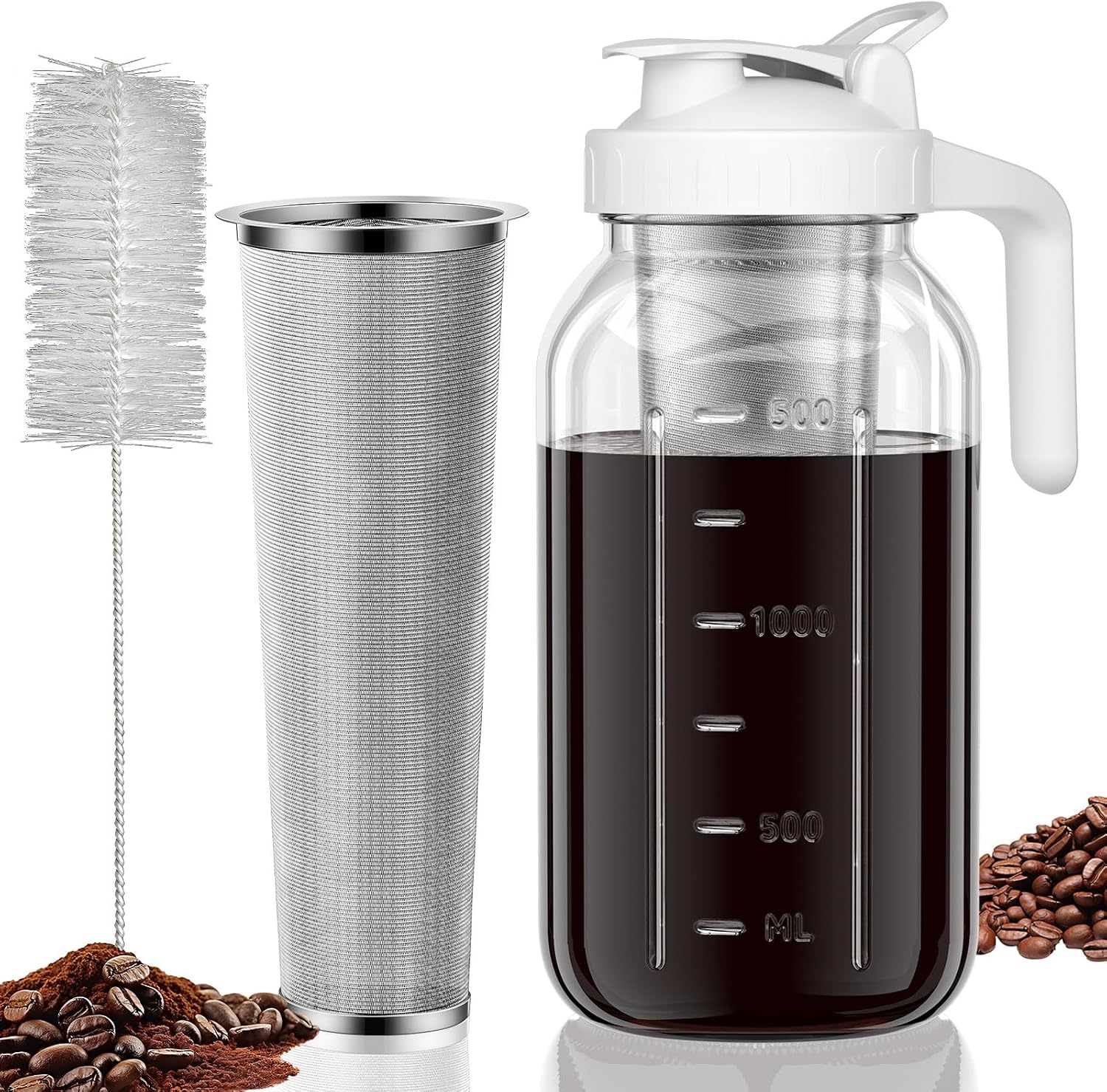 Cold Brew Coffee Maker Jar – 64oz Thick Glass Multipurpose Mason Pitcher Spout Lid with Handle & Stainless Steel Filter for Iced Coffee, Lemonade, Ice Tea, Homemade Fruit Drinks Container Cold Brew Coffee Maker Jar – 64oz Thick Glass Multipurpose Mason Pitcher Spout Lid with Handle & Stainless Steel Filter for Iced Coffee, Lemonade, Ice Tea, Homemade Fruit Drinks Container