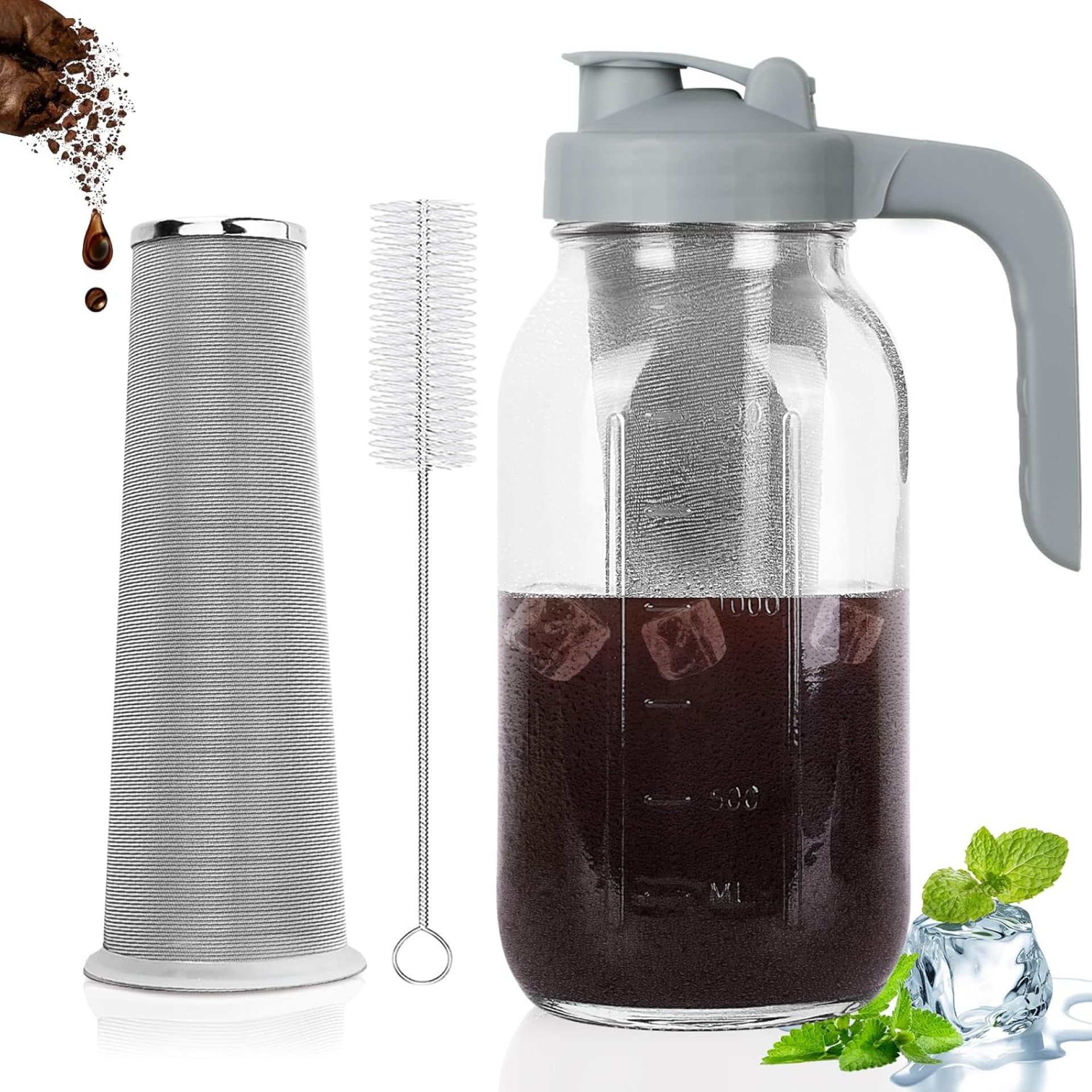 Cold Brew Coffee Maker Pitcher,64 Oz Heavy Duty Glass Mason Jar Pitcher with V-shaped Pour Spout Handle Lid,Stainless Steel Filter for Iced Coffee,Iced tea,Fruit Drinks,lemonade – Gray Cold Brew Coffee Maker Pitcher,64 Oz Heavy Duty Glass Mason Jar Pitcher with V-shaped Pour Spout Handle Lid,Stainless Steel Filter for Iced Coffee,Iced tea,Fruit Drinks,lemonade – Gray