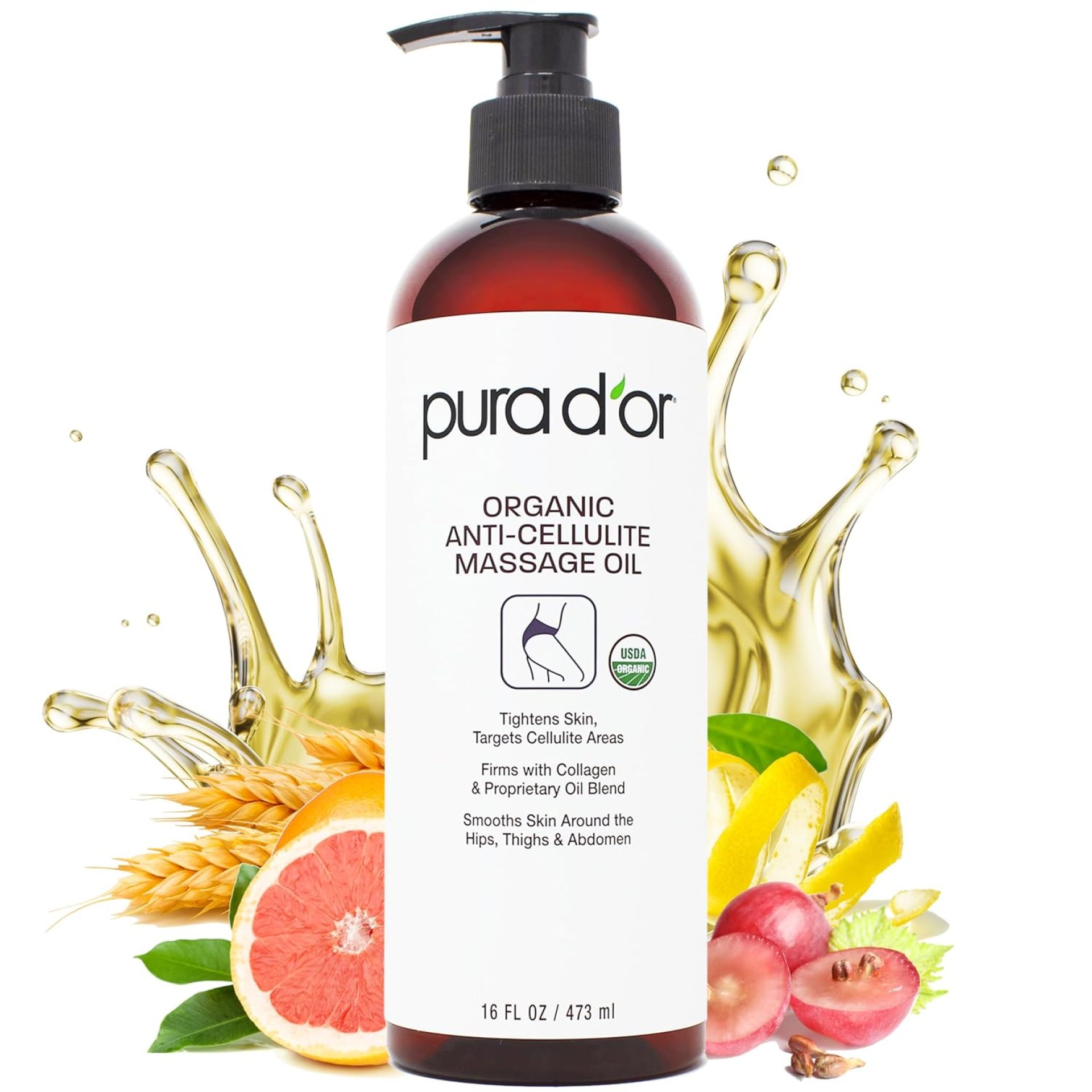 PURA D’OR 16 Oz Organic Anti-Cellulite Massage Oil for Toned Legs and Butt – Lemon Peel, Moringa, Grape Seed, Grapefruit & Eucalyptus Oils – Skin Firming & Tightening PURA D’OR 16 Oz Organic Anti-Cellulite Massage Oil for Toned Legs and Butt – Lemon Peel, Moringa, Grape Seed, Grapefruit & Eucalyptus Oils – Skin Firming & Tightening
