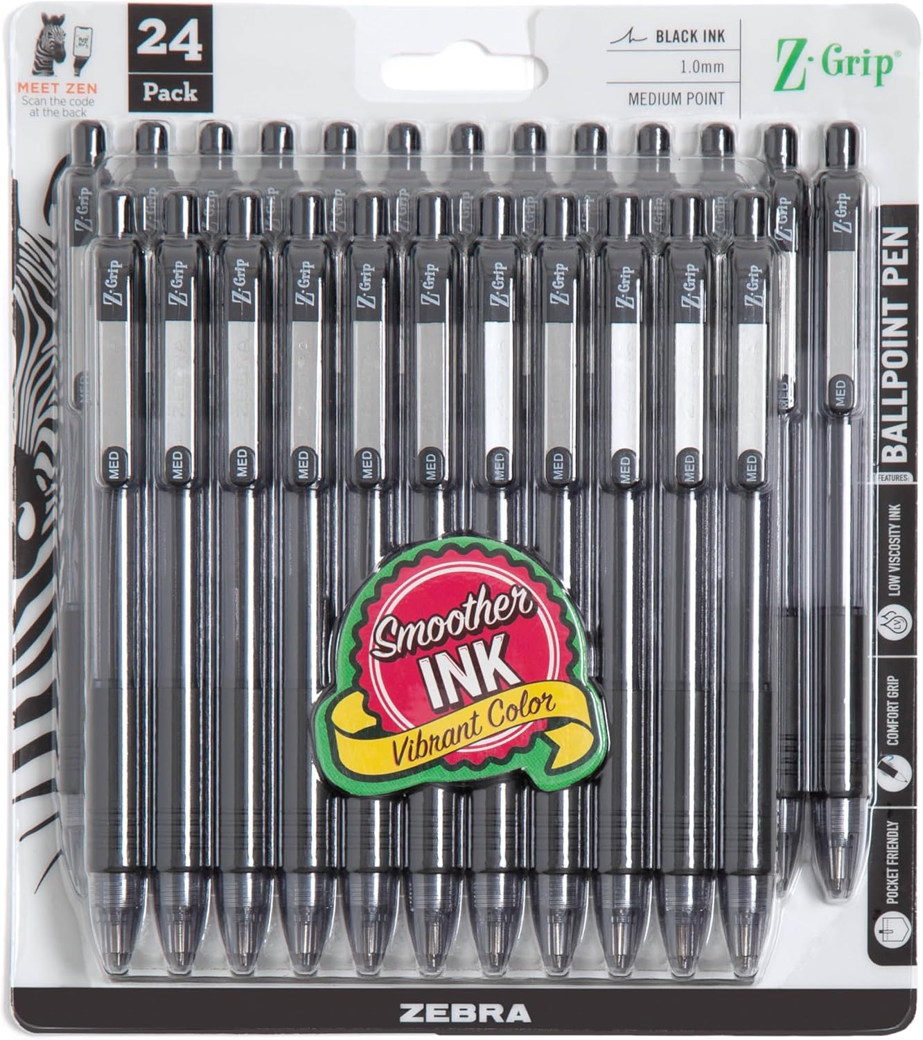 Zebra Pen Z-Grip Retractable Ballpoint Pen, Medium Point, 1.0mm, Black Ink, 24-Pack (12221) Zebra Pen Z-Grip Retractable Ballpoint Pen, Medium Point, 1.0mm, Black Ink, 24-Pack (12221)