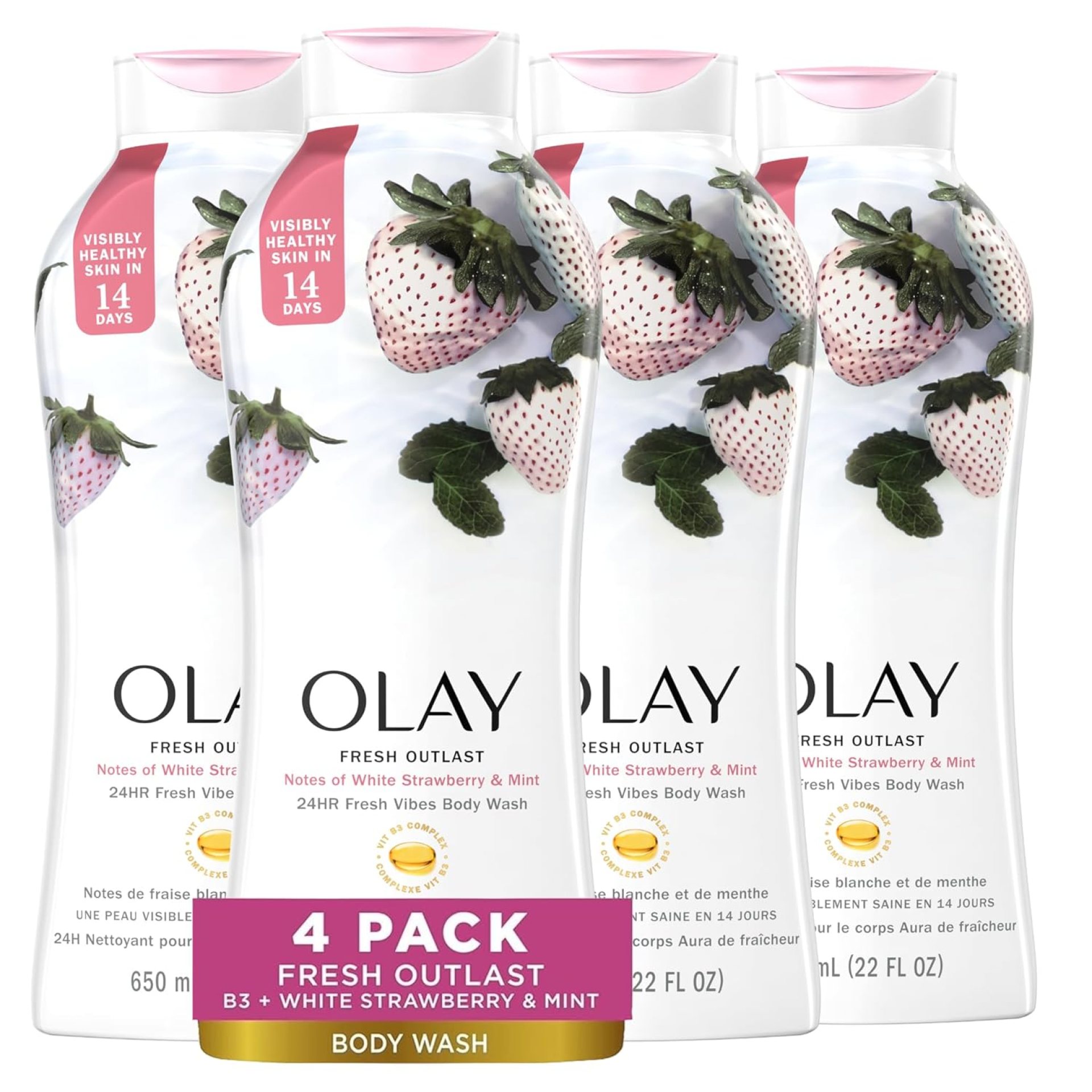 Olay Body Wash for Women, Fresh Radiance, Refreshing & Renewing, Made with Plant Based Cleansers, B3 Botanical Complex, For All Skin Types, Strawberry & Mint Scent, 22 fl oz (Pack of 4) Olay Body Wash for Women, Fresh Radiance, Refreshing & Renewing, Made with Plant Based Cleansers, B3 Botanical Complex, For All Skin Types, Strawberry & Mint Scent, 22 fl oz (Pack of 4)