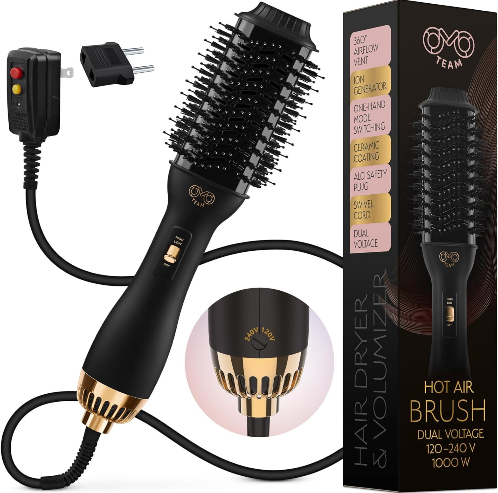 Professional Dual Voltage Blowout Hair Dryer Brush for European Travel 110V-120V/220V-240V, Black Gold Dryer and Volumizer, Hot Air Brush for Women, 2.4 INCHES Oval Shape Professional Dual Voltage Blowout Hair Dryer Brush for European Travel 110V-120V/220V-240V, Black Gold Dryer and Volumizer, Hot Air Brush for Women, 2.4 INCHES Oval Shape