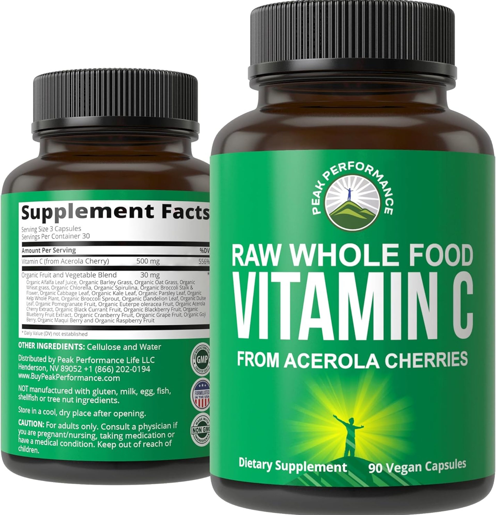 Peak Performance Raw Whole Food Natural Vitamin C Capsules from Acerola Cherry for Max Absorption. Vegan USA Sourced Vitamin C Supplement 90 Pills. 500 mg Serving or 2 Servings 1000mg Peak Performance Raw Whole Food Natural Vitamin C Capsules from Acerola Cherry for Max Absorption. Vegan USA Sourced Vitamin C Supplement 90 Pills. 500 mg Serving or 2 Servings 1000mg