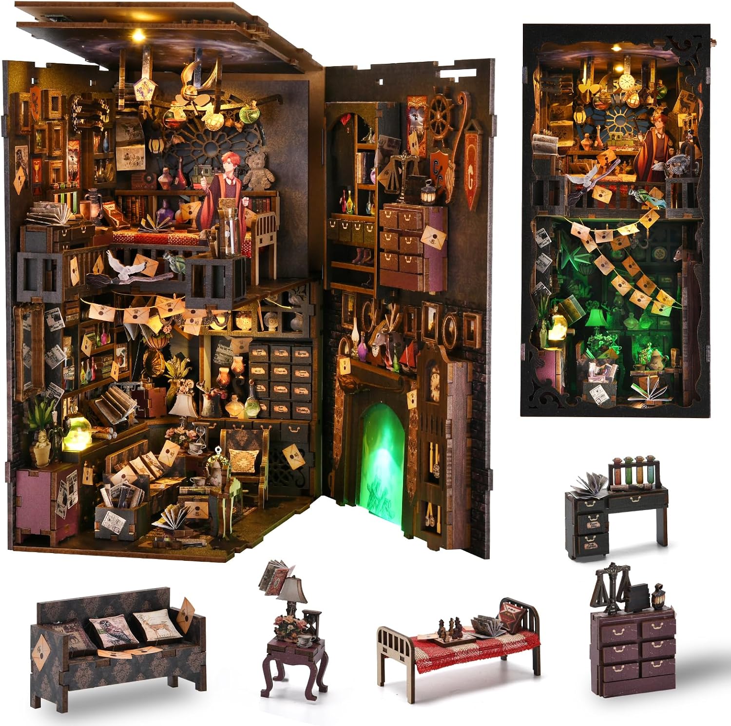 Book Nook Kit, Book Nook Kits for Adults and Teens, DIY Miniature Dollhouse Kit 3D Wooden Puzzle Booknook Bookend with LED Light Book Nook Kit, Book Nook Kits for Adults and Teens, DIY Miniature Dollhouse Kit 3D Wooden Puzzle Booknook Bookend with LED Light