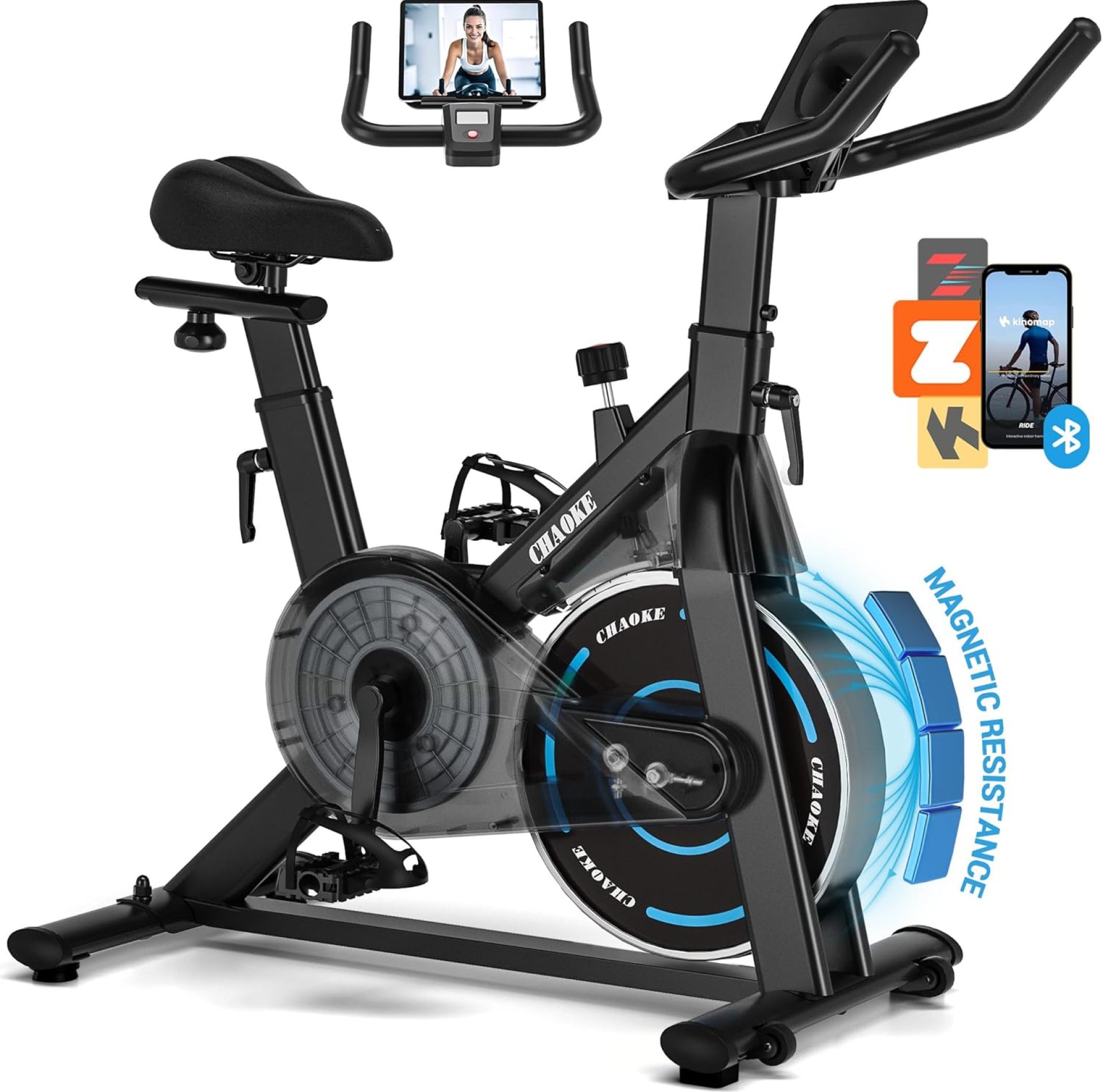 Exercise Bike, CHAOKE Quiet Magnetic Resistance 300LB Capacity Stationary Bike for Home with App Compatible, Indoor Bike with Comfortable Seat and Digital Display Exercise Bike, CHAOKE Quiet Magnetic Resistance 300LB Capacity Stationary Bike for Home with App Compatible, Indoor Bike with Comfortable Seat and Digital Display