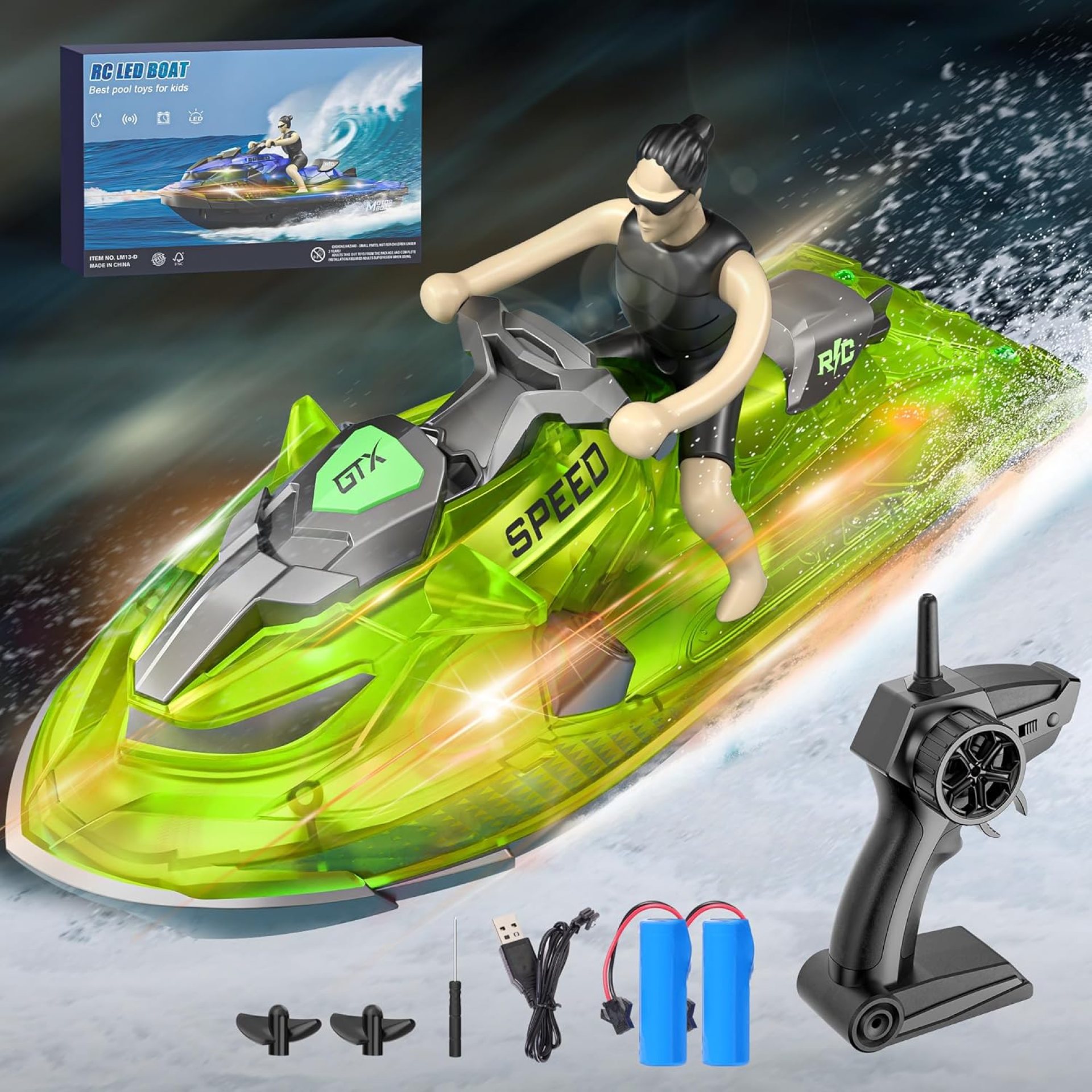 Whimsyland RC Boats for Kids 6+, 2.4GHZ Remote Control Jet-ski, 2 Rechargeable Batteries, Green Whimsyland RC Boats for Kids 6+, 2.4GHZ Remote Control Jet-ski, 2 Rechargeable Batteries, Green