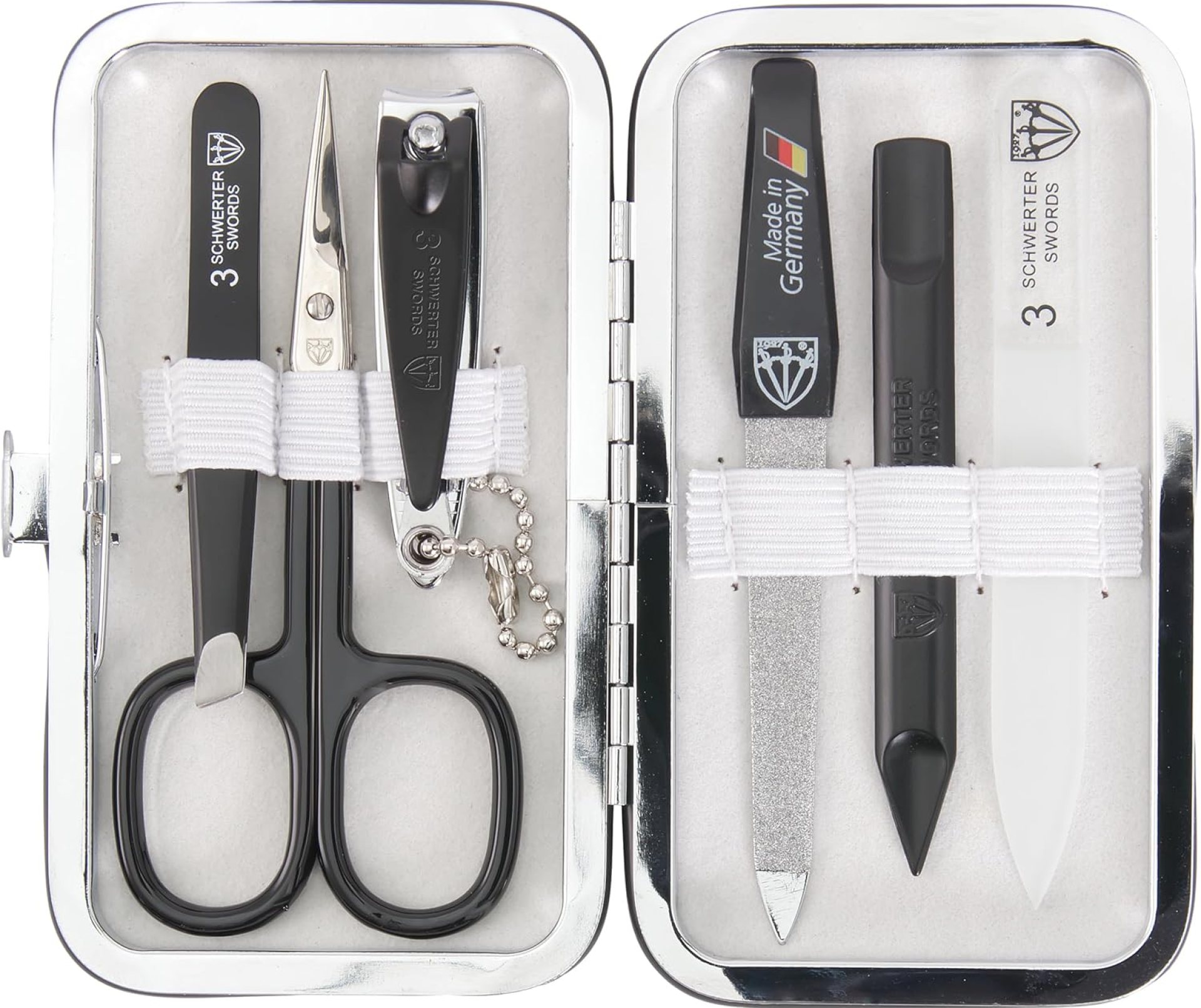 3 Swords Germany – Brand Quality 6 Piece Manicure Pedicure Grooming kit Set – Scissors, Metal and Glass Nail File, Clipper, Tweezers with Synthetic Leather case – White/Black Tools 3 Swords Germany – Brand Quality 6 Piece Manicure Pedicure Grooming kit Set – Scissors, Metal and Glass Nail File, Clipper, Tweezers with Synthetic Leather case – White/Black Tools