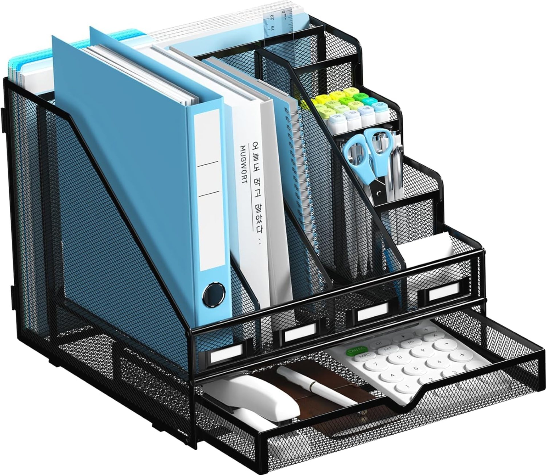 Desk File Organizer, 4 Vertical Compartments Rack + 4 Pen Holders + Drawer File Organizer, Metal Desk Magazine Folder Holder for Office, Home, School, Black Desk File Organizer, 4 Vertical Compartments Rack + 4 Pen Holders + Drawer File Organizer, Metal Desk Magazine Folder Holder for Office, Home, School, Black