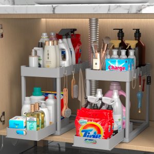 2PC Under Sink Organizer Rack 2 Tier Under Sliding Cabinet Basket Organizer Drawer with 4 Hooks, Multi-purpose Under Sink Storage for Bathroom Kitchen Desktop(Grey)