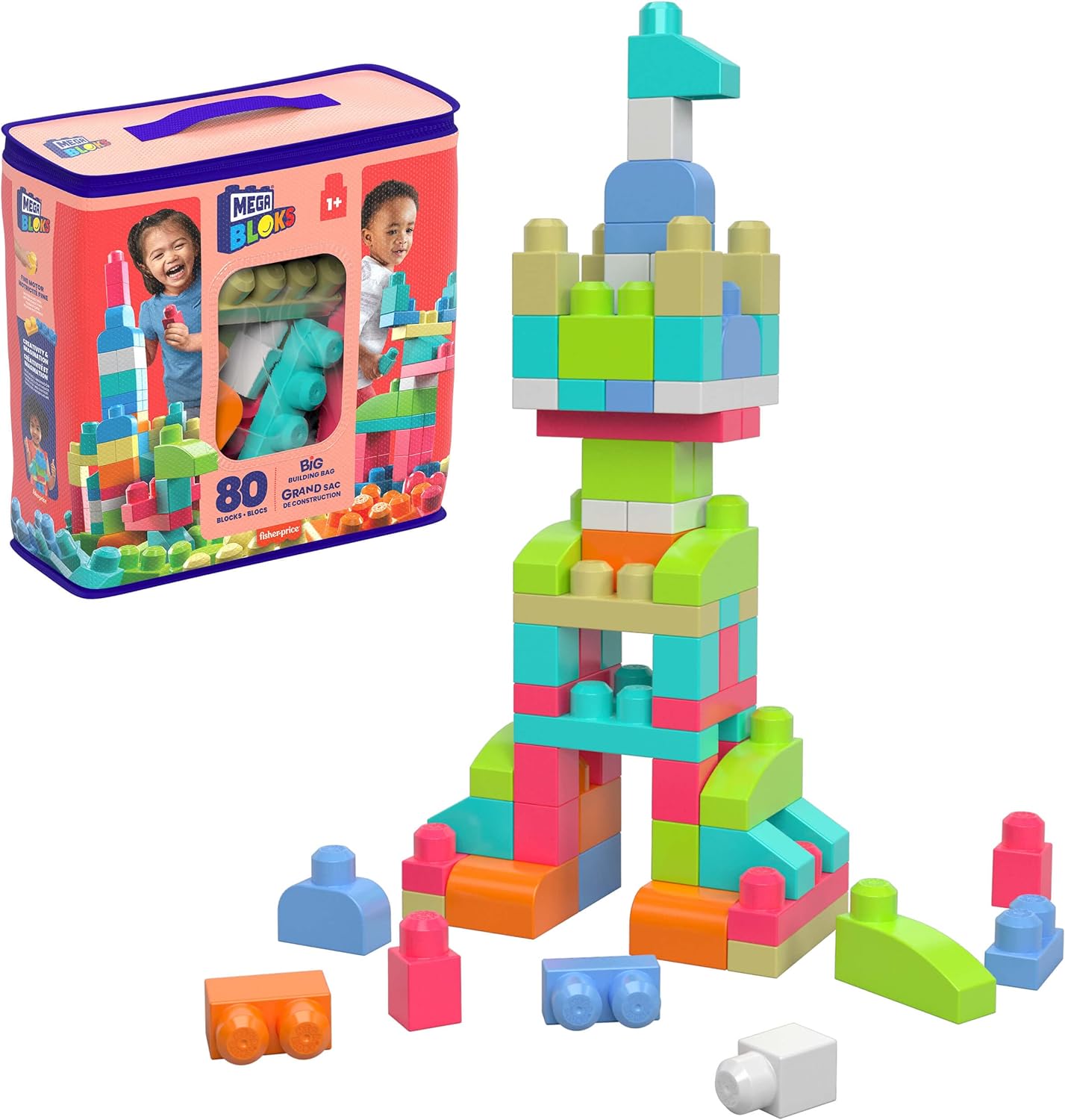 MEGA BLOKS First Builders Toddler Blocks Toys Set, Big Building Bag with 80 Pieces and Storage, Red, Ages 1+ Years MEGA BLOKS First Builders Toddler Blocks Toys Set, Big Building Bag with 80 Pieces and Storage, Red, Ages 1+ Years