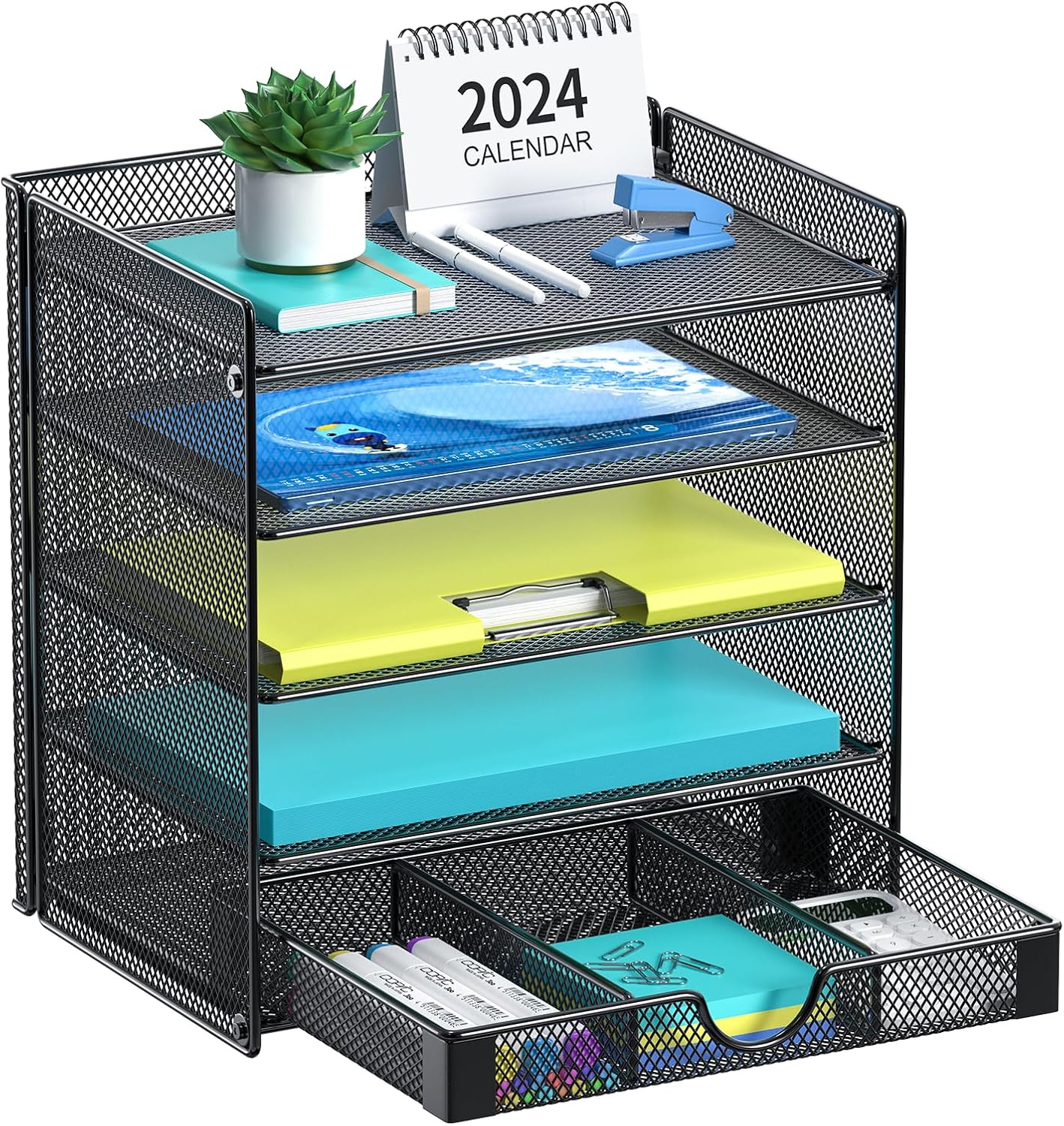 Desk Organizer 4 Tiers, Paper File Letter Organizer with Sliding Drawer, Mesh Sorting Organizer, Black, for Home Office School Classroom Desk Organizer 4 Tiers, Paper File Letter Organizer with Sliding Drawer, Mesh Sorting Organizer, Black, for Home Office School Classroom