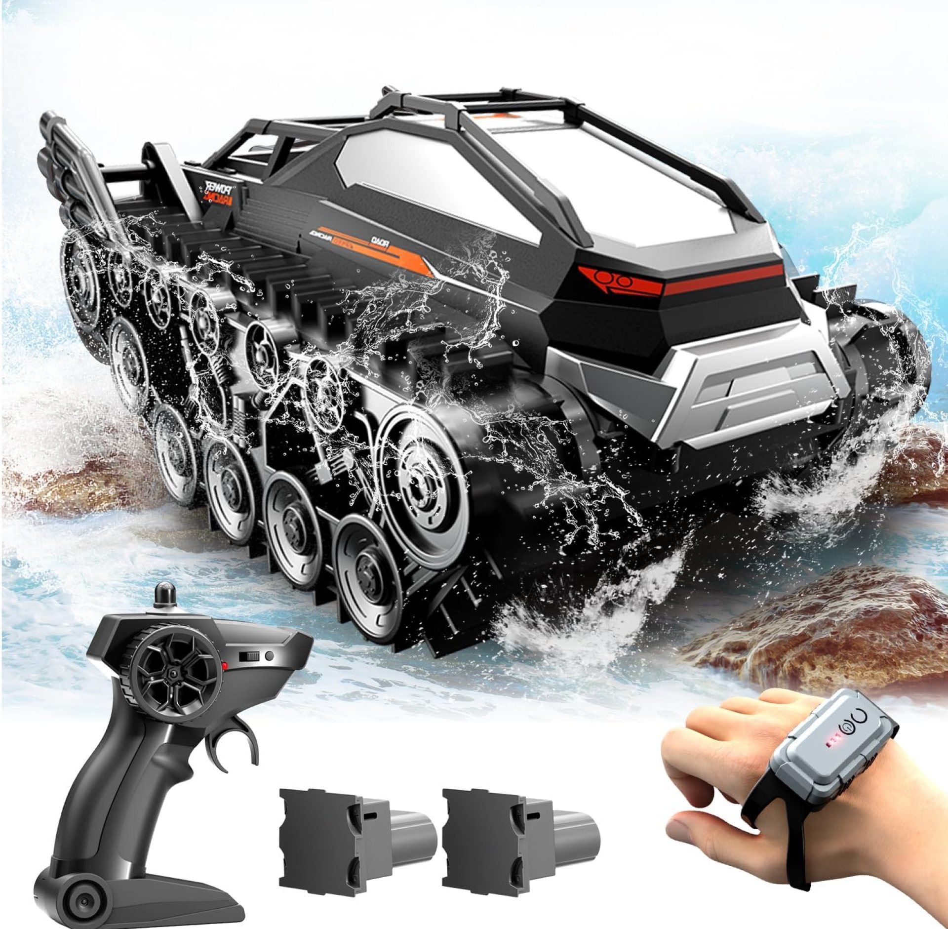 RC Tank Waterproof Truck Crawler – Amphibious Remote Control Car with Gesture Sensing – 360°Rotating Water and Land Stunt Car for Kids Adults RC Boat, 2 Rechargeable Batteries RC Tank Waterproof Truck Crawler – Amphibious Remote Control Car with Gesture Sensing – 360°Rotating Water and Land Stunt Car for Kids Adults RC Boat, 2 Rechargeable Batteries