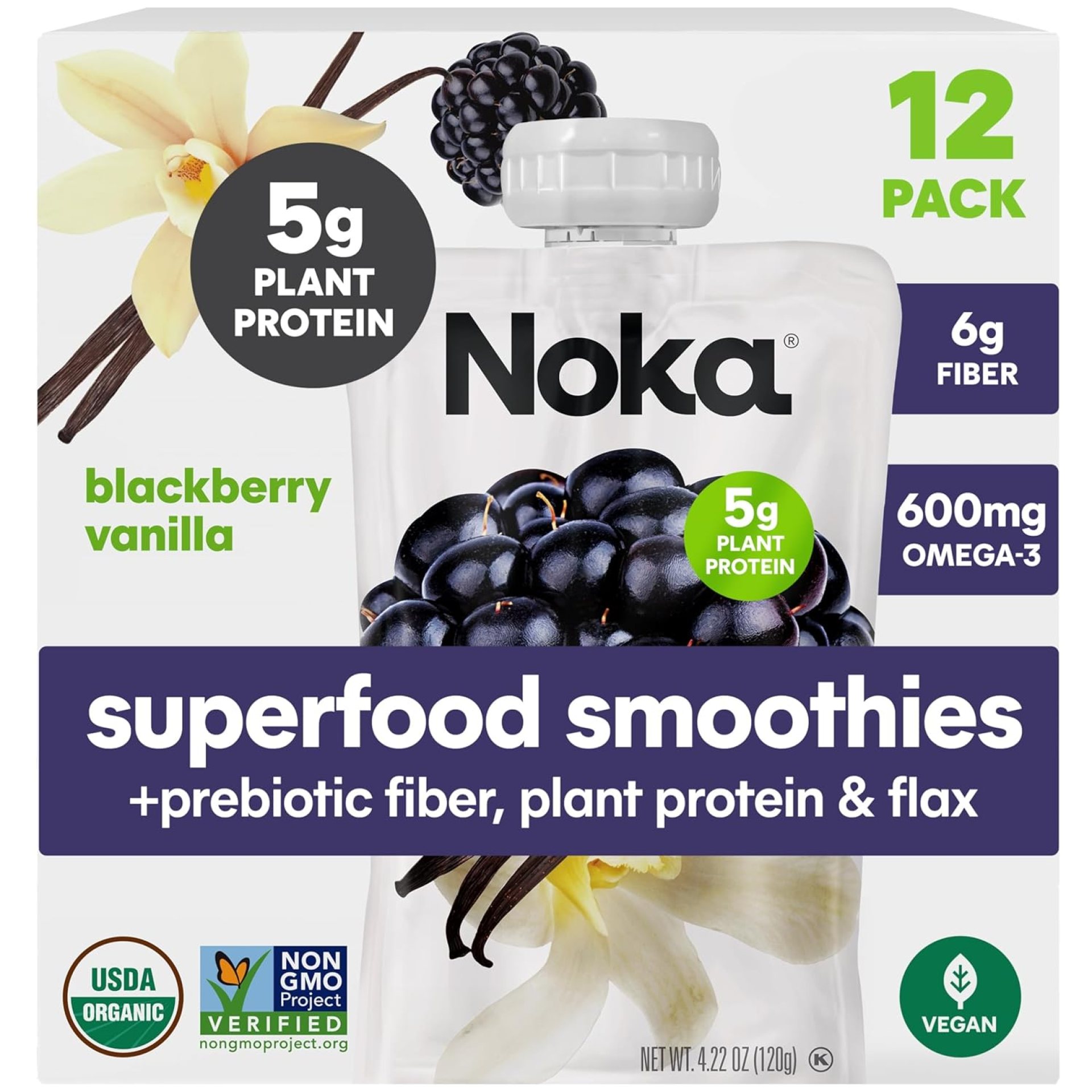 Noka Superfood Fruit Smoothie Pouches, Blackberry Vanilla, Healthy Snacks with Flax Seed, Plant Protein and Prebiotic Fiber, Vegan and Gluten Free Snacks, Organic Squeeze Pouch, 4.22 oz, 12 Count Noka Superfood Fruit Smoothie Pouches, Blackberry Vanilla, Healthy Snacks with Flax Seed, Plant Protein and Prebiotic Fiber, Vegan and Gluten Free Snacks, Organic Squeeze Pouch, 4.22 oz, 12 Count