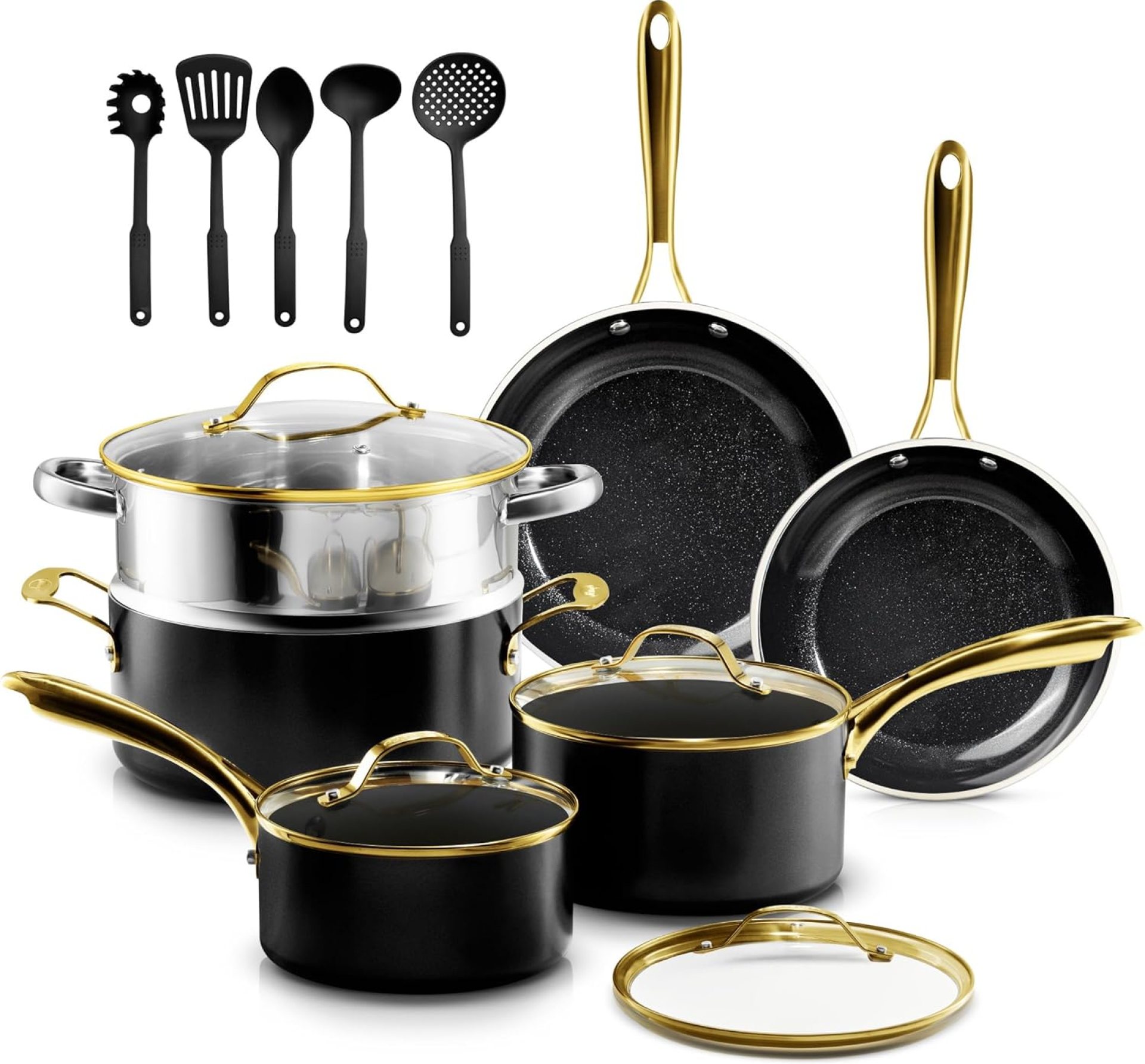 Gotham Steel 15 Pc Ceramic Cookware Set Nonstick, Ceramic Pots and Pans Set Non Stick with Steamer & Cooking Utensils, Non Toxic PFOA PFOS Free, Premium Stay Cool Handles, Oven & Dishwasher Safe Gotham Steel 15 Pc Ceramic Cookware Set Nonstick, Ceramic Pots and Pans Set Non Stick with Steamer & Cooking Utensils, Non Toxic PFOA PFOS Free, Premium Stay Cool Handles, Oven & Dishwasher Safe
