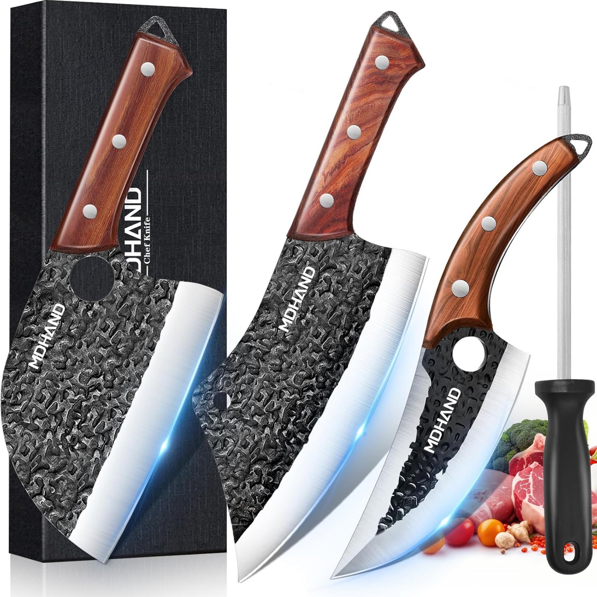 MDHAND 4PCS Professional Butcher Knife Set for Meat Cutting, Hand Forged Serbian Chef Knife Set with Gift Box, Heavy Duty Chopping & Meat Cleaver & Viking Knives, Gift for Men, Cooking, BBQ, Camping MDHAND 4PCS Professional Butcher Knife Set for Meat Cutting, Hand Forged Serbian Chef Knife Set with Gift Box, Heavy Duty Chopping & Meat Cleaver & Viking Knives, Gift for Men, Cooking, BBQ, Camping
