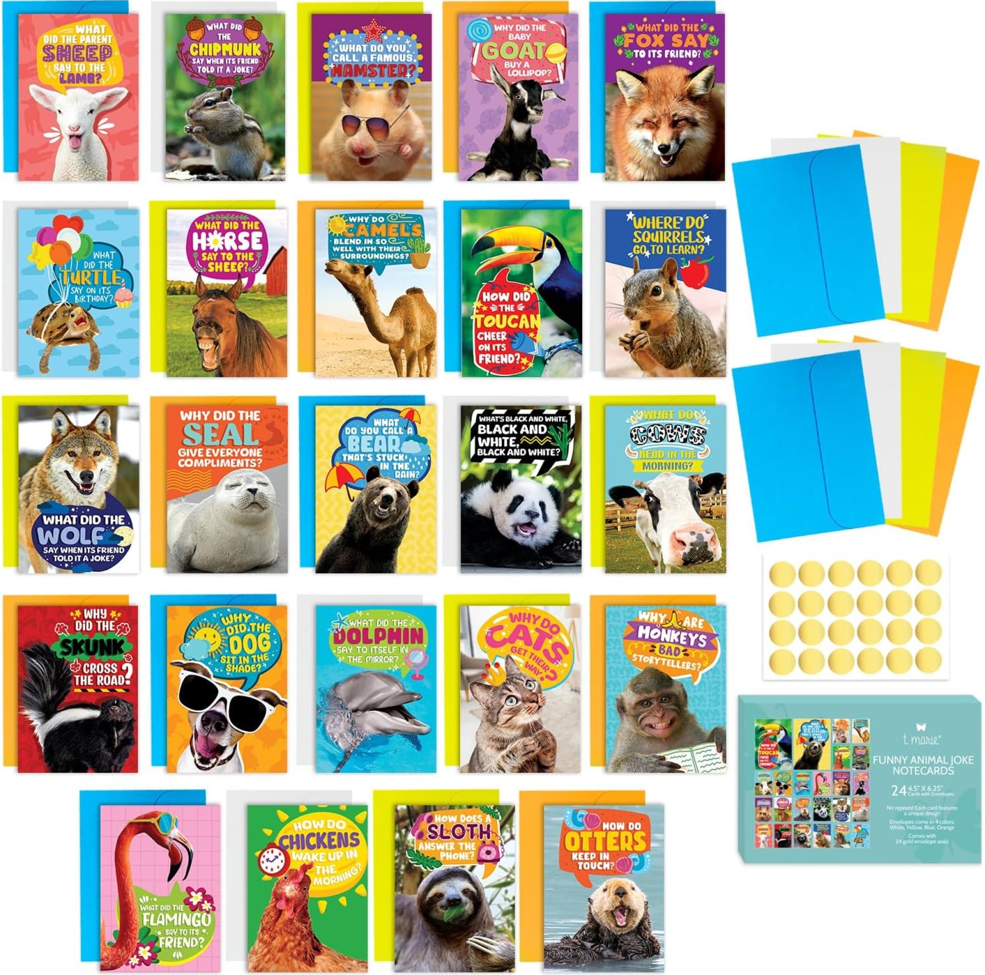 T MARIE 24 Funny Animal Joke Notecards With No Repeats – Humorous Bulk Cards Set – 4.5” x 6.25” Thinking of You Cards for Friends, Kids, Students, Teachers, Summer Camp and More T MARIE 24 Funny Animal Joke Notecards With No Repeats – Humorous Bulk Cards Set – 4.5” x 6.25” Thinking of You Cards for Friends, Kids, Students, Teachers, Summer Camp and More
