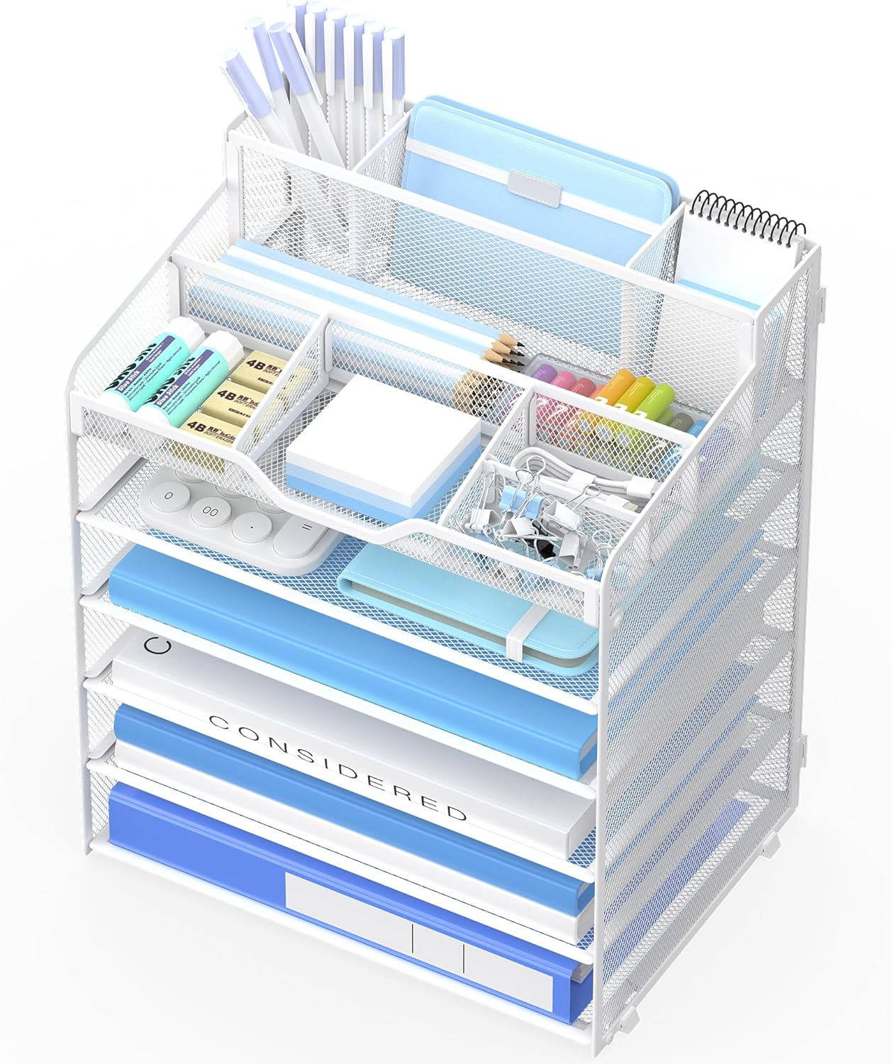 6 Tier Mesh Desk Organizer,Multi Functional Letter Paper Tray with 3 Pen Holders and 5 Adjustable Storage Compartments for Office Supplies Files and Mail Space Saving Desktop Organizer-White 6 Tier Mesh Desk Organizer,Multi Functional Letter Paper Tray with 3 Pen Holders and 5 Adjustable Storage Compartments for Office Supplies Files and Mail Space Saving Desktop Organizer-White