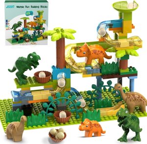 JIXIn Dinosaur Marble Runs for Kids 4-8 – Building Blocks Compatible with DUPLO Lego Sets – 125 PCS Classic Big Blocks for Toddlers Ages 3-5 – Montessori Learning STEM Toys