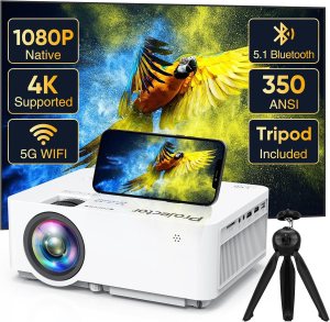 Native 1080P Projector with 5G WiFi Bluetooth and Tripod, 4K Supported Portable Home and Outdoor Movie Projector, Max 300″ Display, Compatible with TV Stick, HDMI, Phone (WIFI Version)