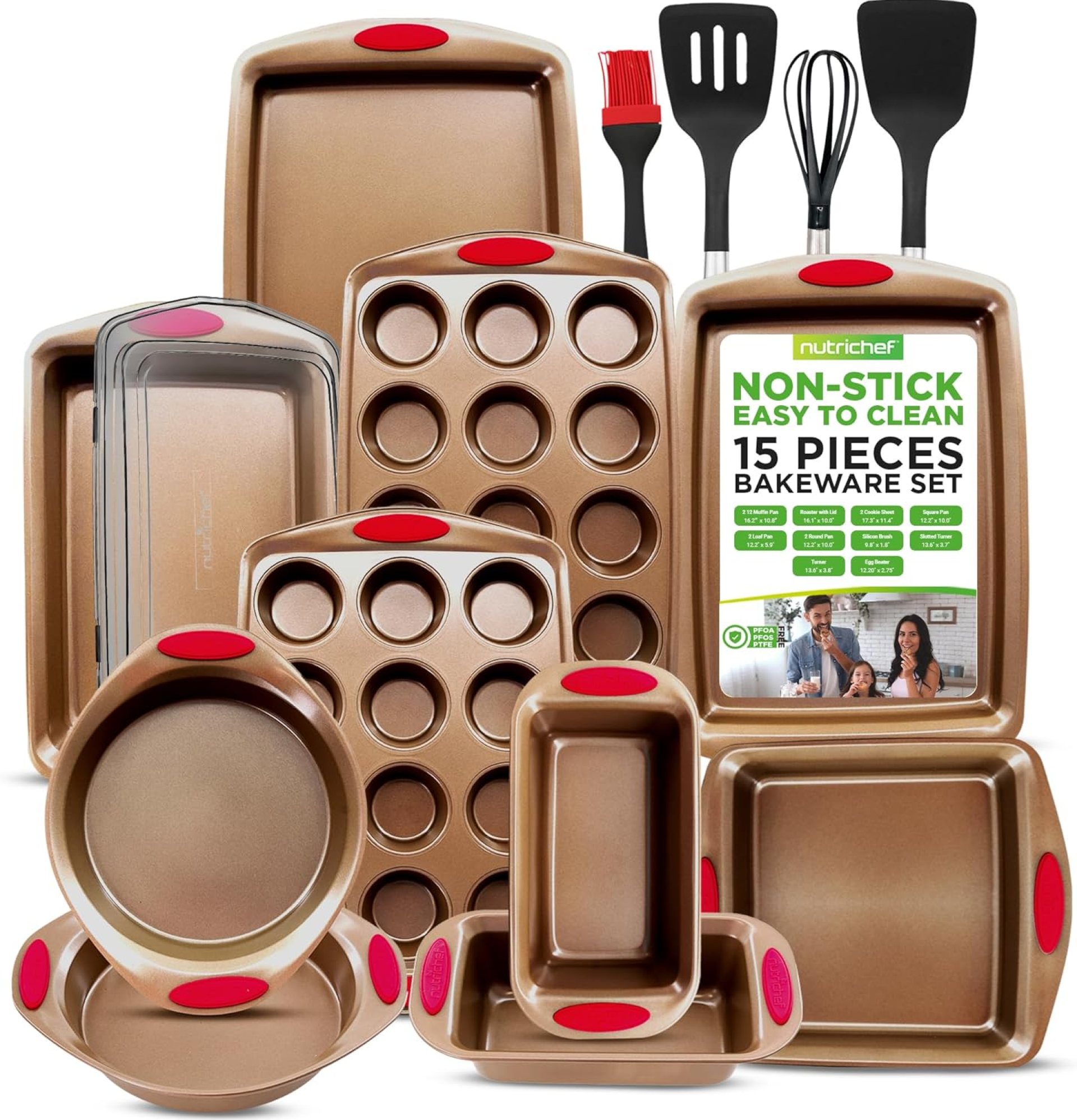 NutriChef 15-Piece Non-Stick Baking Pan Set – Durable Carbon Steel Bakeware Set with Loaf & Muffin Pans, Square & Round Cake Pans, Roaster Pan with Lid, Cookie Sheet, & Nylon Utensils – Gold NutriChef 15-Piece Non-Stick Baking Pan Set – Durable Carbon Steel Bakeware Set with Loaf & Muffin Pans, Square & Round Cake Pans, Roaster Pan with Lid, Cookie Sheet, & Nylon Utensils – Gold