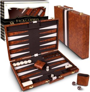 Backgammon Set 15 inch, Medium – Classic Board Game for Adults and Kids with Premium Leather Case – Includes Strategy & Tip Guide (Brown)