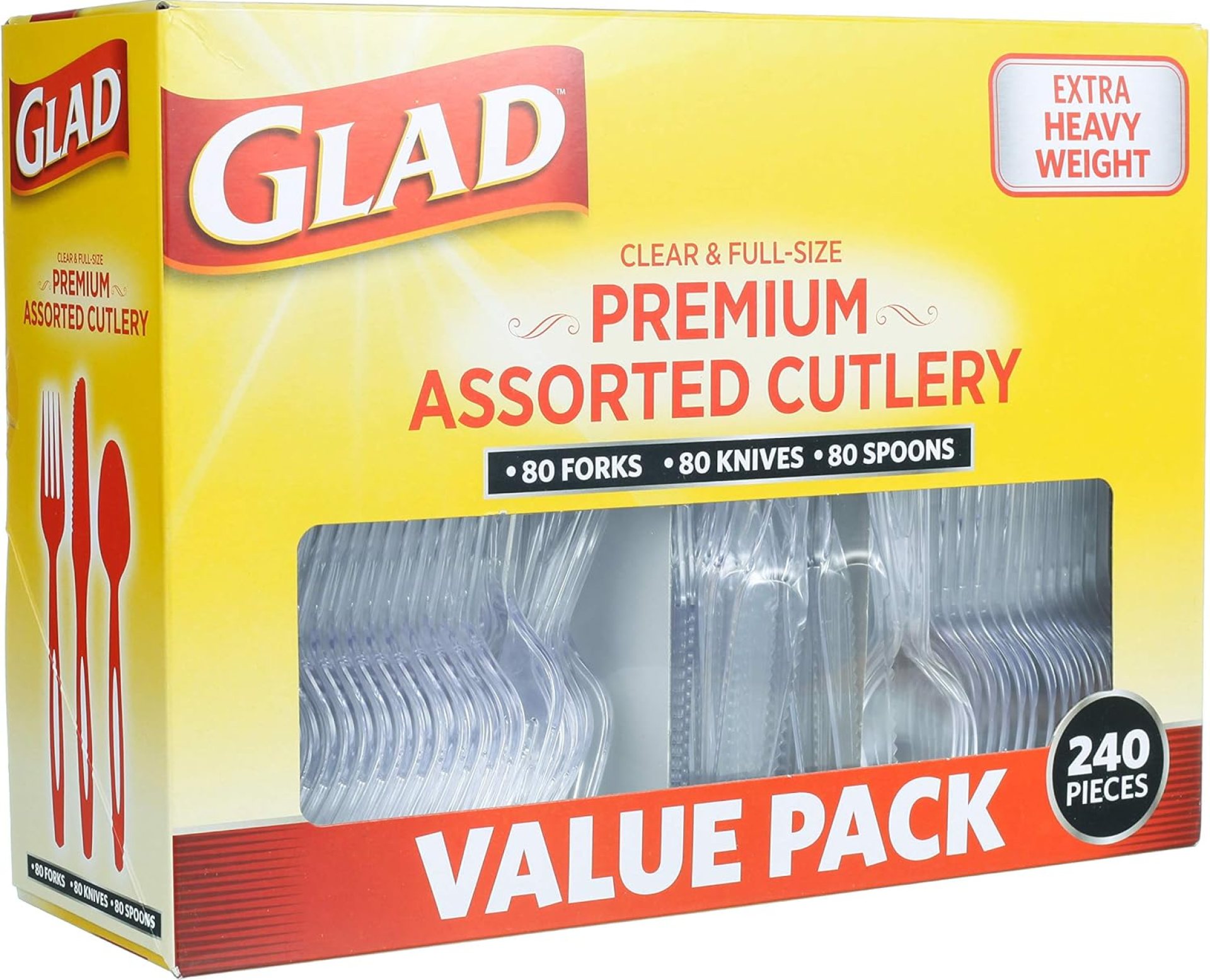 Glad Disposable Cutlery Set – Clear Heavy Duty Plastic Forks, Knives, and Spoons – 240 Piece Plasticware for Parties – Durable, Sturdy Recyclable Utensils – Great for July 4th, Thanksgiving, Christmas Glad Disposable Cutlery Set – Clear Heavy Duty Plastic Forks, Knives, and Spoons – 240 Piece Plasticware for Parties – Durable, Sturdy Recyclable Utensils – Great for July 4th, Thanksgiving, Christmas