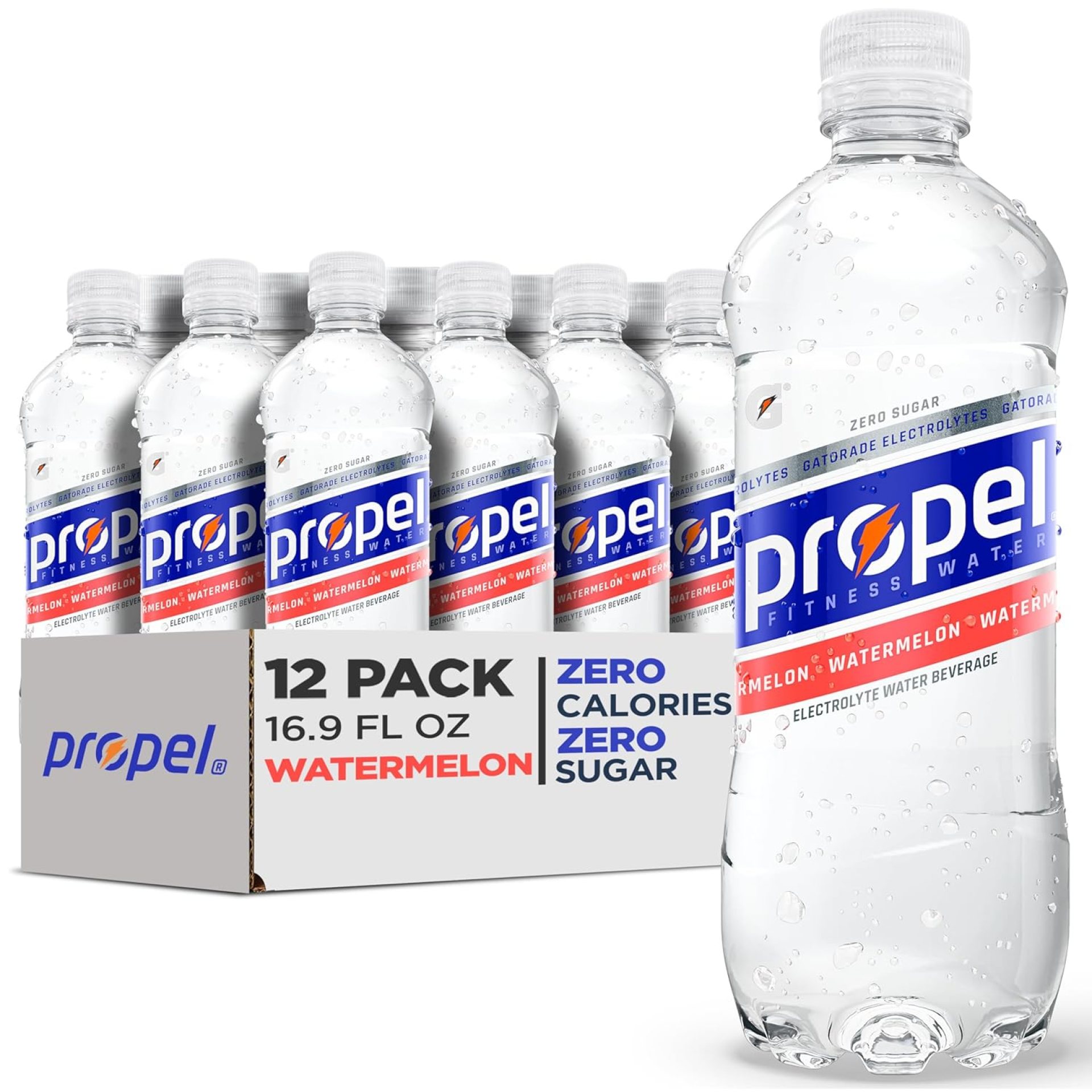 Propel Electrolyte Enhanced Water Sports Drink, Watermelon Flavored Water, Zero Calorie & Zero Sugar Hydration with Electrolytes and Vitamins C & E, 16.9 fl oz Water Bottles (12 Pack) Propel Electrolyte Enhanced Water Sports Drink, Watermelon Flavored Water, Zero Calorie & Zero Sugar Hydration with Electrolytes and Vitamins C & E, 16.9 fl oz Water Bottles (12 Pack)