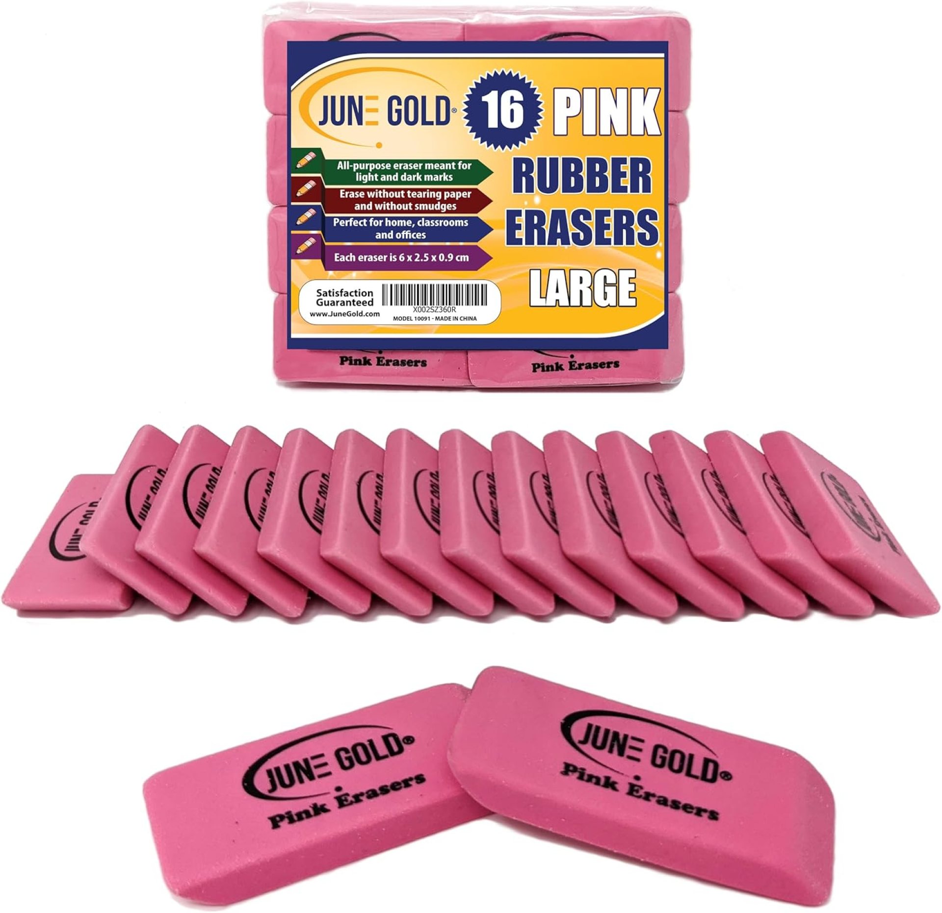 June Gold 16 Pink Rubber Erasers – This All-Purpose Eraser is not Too Hard and not Too Soft and is Perfect for classrooms, Homes & Offices June Gold 16 Pink Rubber Erasers – This All-Purpose Eraser is not Too Hard and not Too Soft and is Perfect for classrooms, Homes & Offices