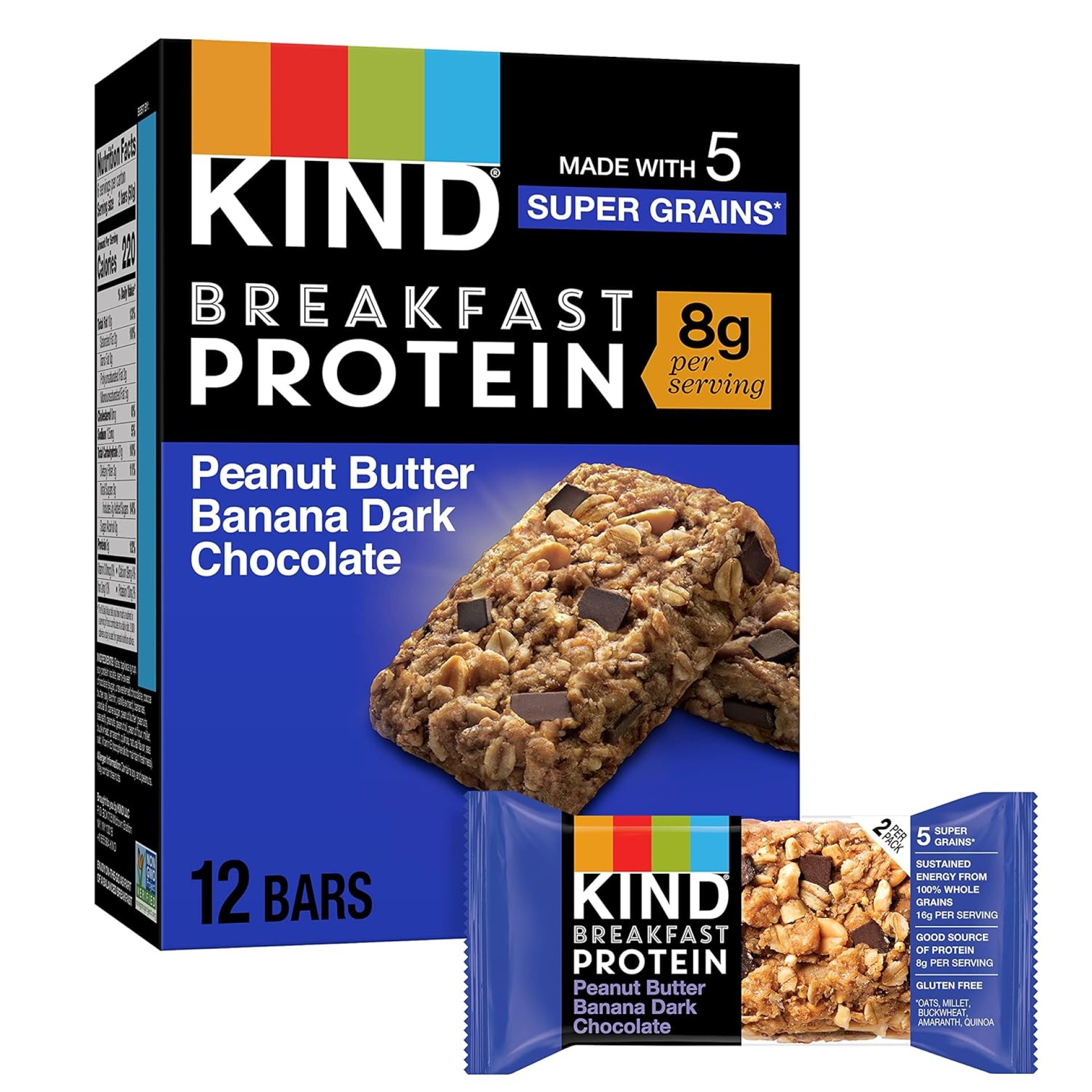 KIND Breakfast Protein Bars, Peanut Butter Banana Dark Chocolate, Healthy Snacks, Gluten Free, 8g Protein, 6 Count KIND Breakfast Protein Bars, Peanut Butter Banana Dark Chocolate, Healthy Snacks, Gluten Free, 8g Protein, 6 Count