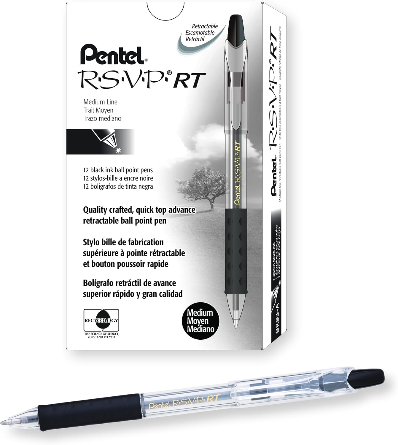 Pentel® R.S.V.P.® RT Retractable Ballpoint Pens, Medium Point, 1.0 mm, 61% Recycled, Transparent Black Barrel, Black Ink, Pack Of 12 Pens Pentel® R.S.V.P.® RT Retractable Ballpoint Pens, Medium Point, 1.0 mm, 61% Recycled, Transparent Black Barrel, Black Ink, Pack Of 12 Pens