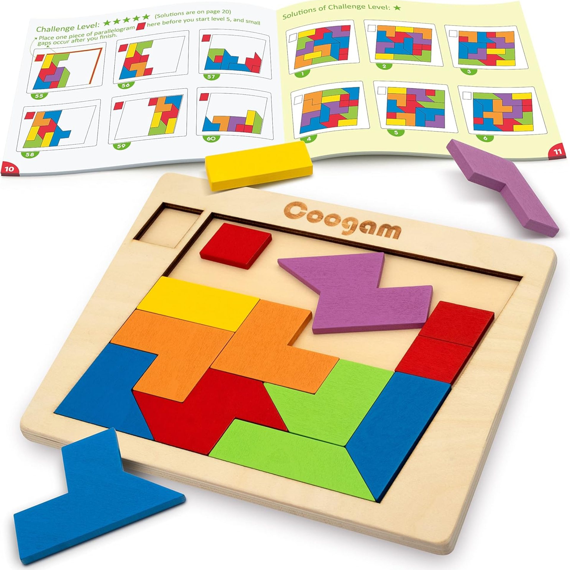 Coogam Wooden Puzzle Blocks Geometric Tangram Brain Teasers Jigsaw 3D Logic IQ Game Colorful Shape Pattern Montessori STEM Educational Toys Gift 60 Challenges for All Age Coogam Wooden Puzzle Blocks Geometric Tangram Brain Teasers Jigsaw 3D Logic IQ Game Colorful Shape Pattern Montessori STEM Educational Toys Gift 60 Challenges for All Age