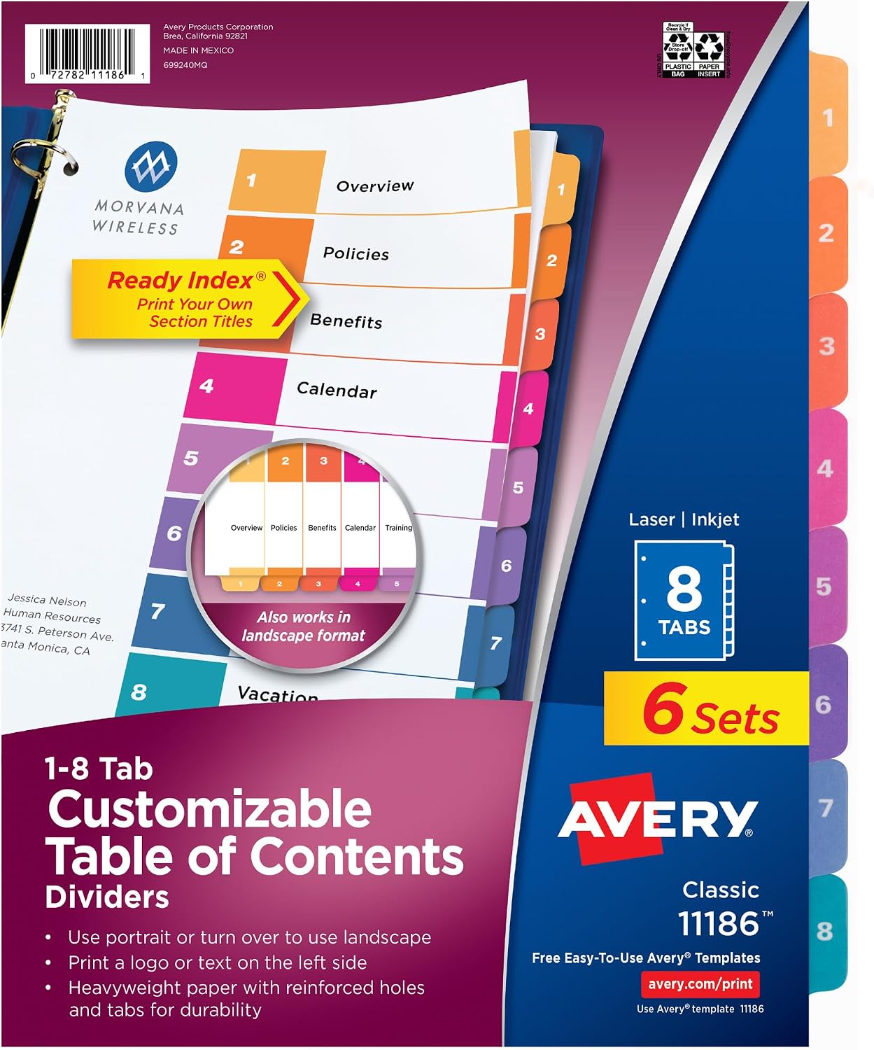 Avery 8 Tab Dividers for 3 Ring Binders, Customizable Table of Contents, Multicolor Tabs, 6 Sets (11186) Avery 8 Tab Dividers for 3 Ring Binders, Customizable Table of Contents, Multicolor Tabs, 6 Sets (11186)