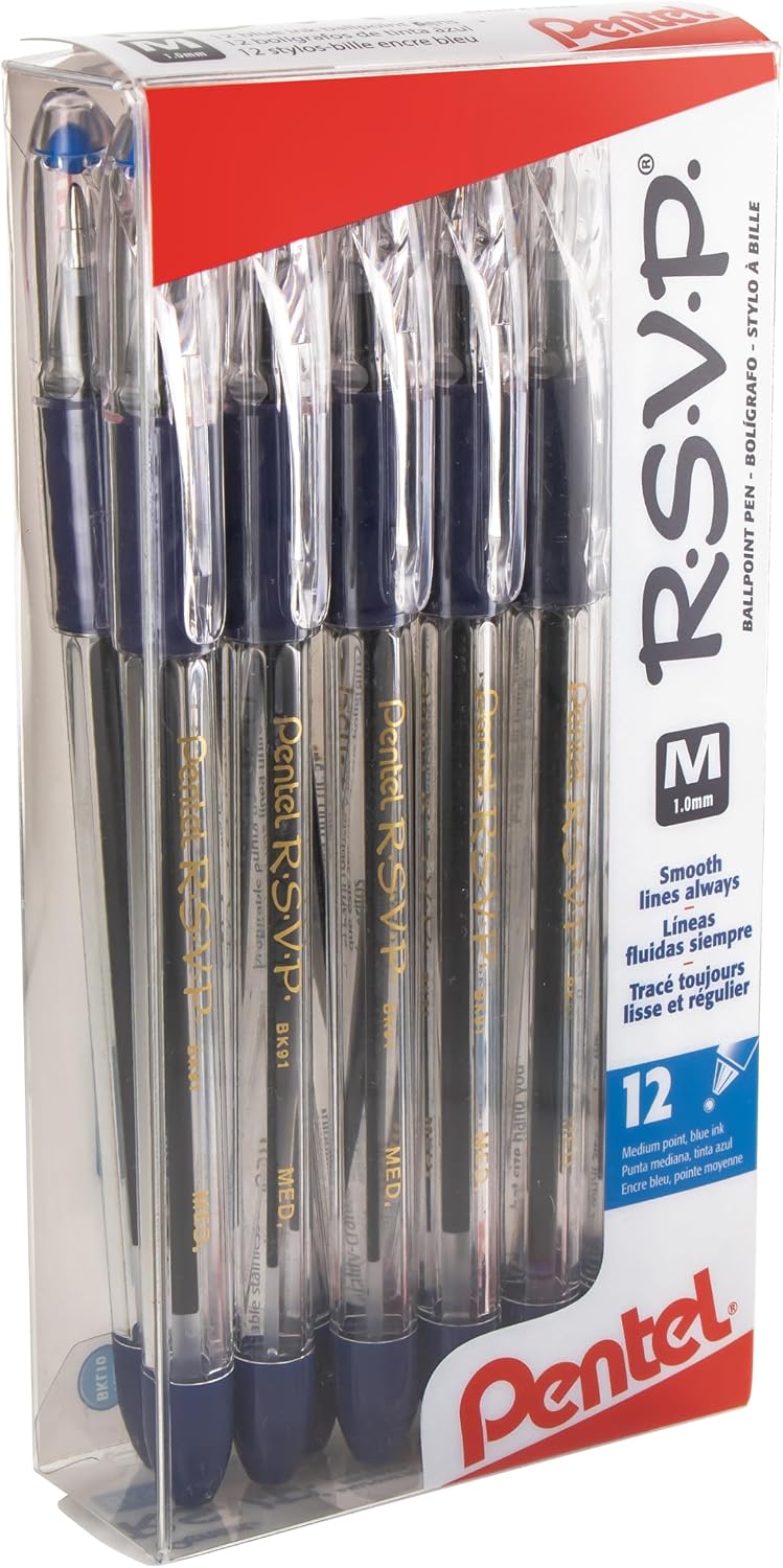 Pentel® R.S.V.P.® Ballpoint Pens, Medium Point, 1.0 mm, Clear Barrel, Blue Ink, Pack Of 12 Pentel® R.S.V.P.® Ballpoint Pens, Medium Point, 1.0 mm, Clear Barrel, Blue Ink, Pack Of 12