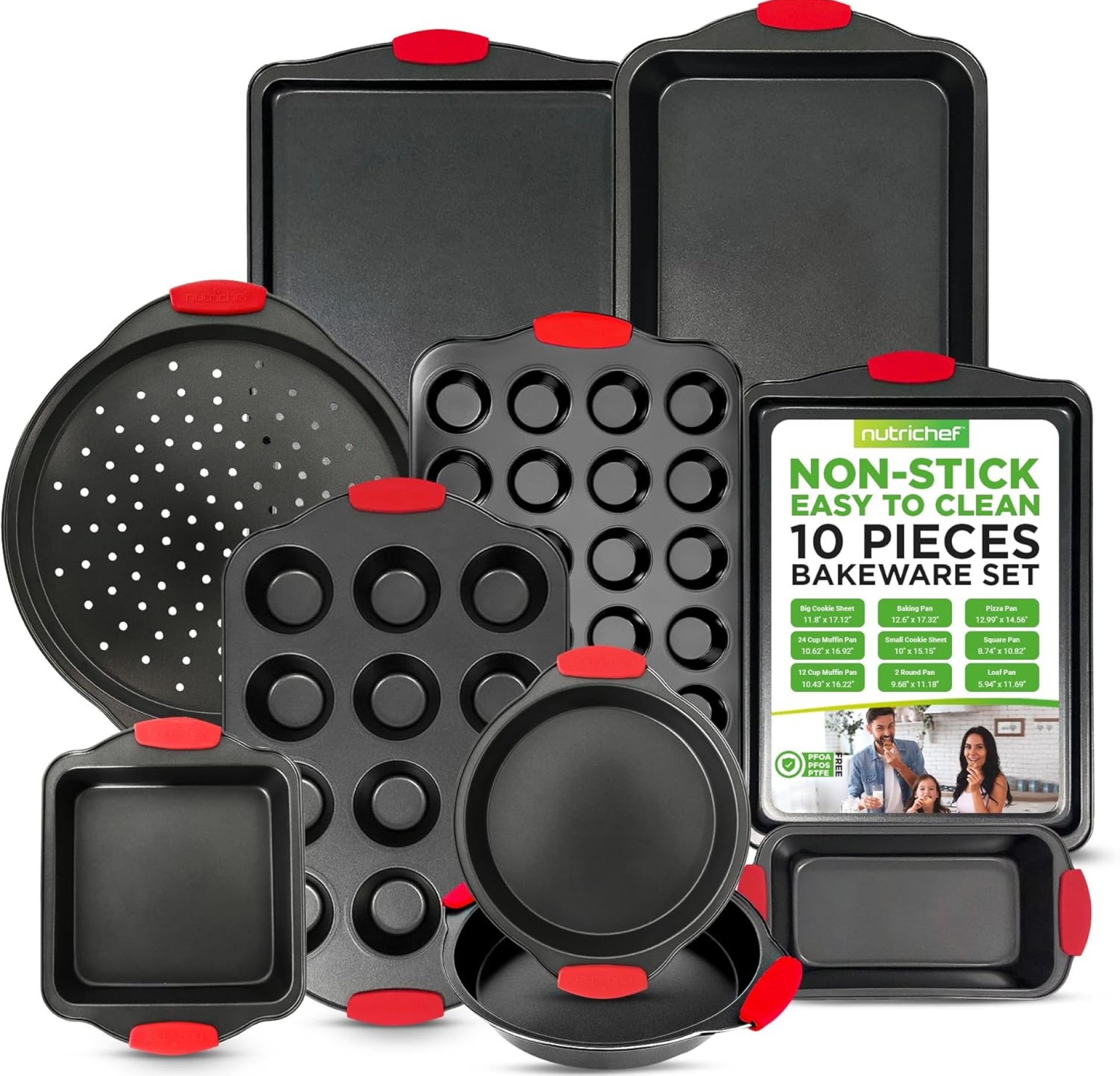 NutriChef Premium 10-Piece Bakeware Set – Flexible Nonstick Carbon Steel, Stylish Red Silicone Handles, Oven Safe Up to 450°F, Dishwasher Safe, Ideal for Baking Cakes, Muffins & More NutriChef Premium 10-Piece Bakeware Set – Flexible Nonstick Carbon Steel, Stylish Red Silicone Handles, Oven Safe Up to 450°F, Dishwasher Safe, Ideal for Baking Cakes, Muffins & More