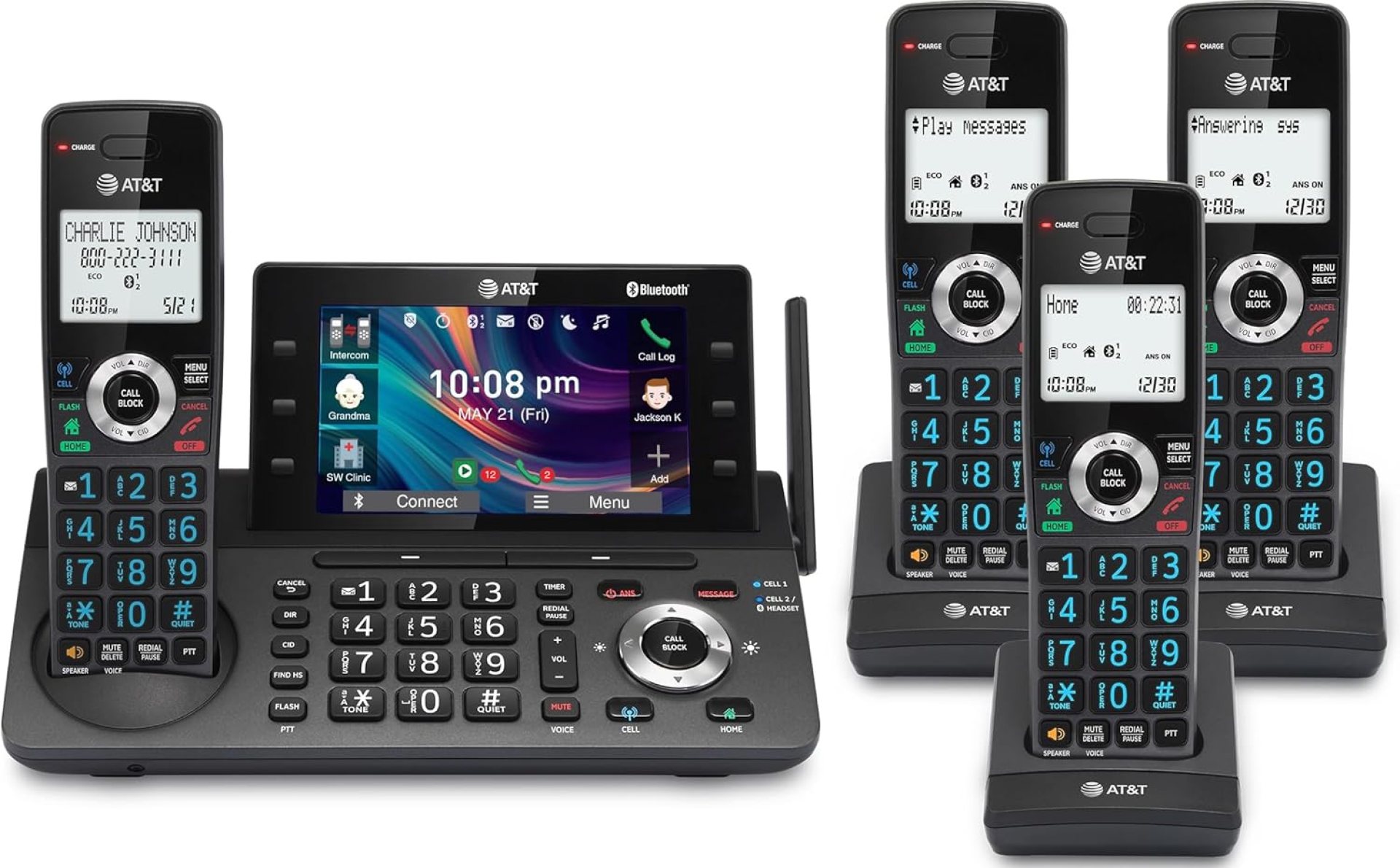 AT&T 4-Handset DECT 6.0 Cordless Home and Business Phone with Answering Machine, 5″ Color Display, One-Touch Shortcut, Conference, Intercom, Smart Call Blocker, Bluetooth Connect to Cell: DLP73490 AT&T 4-Handset DECT 6.0 Cordless Home and Business Phone with Answering Machine, 5″ Color Display, One-Touch Shortcut, Conference, Intercom, Smart Call Blocker, Bluetooth Connect to Cell: DLP73490