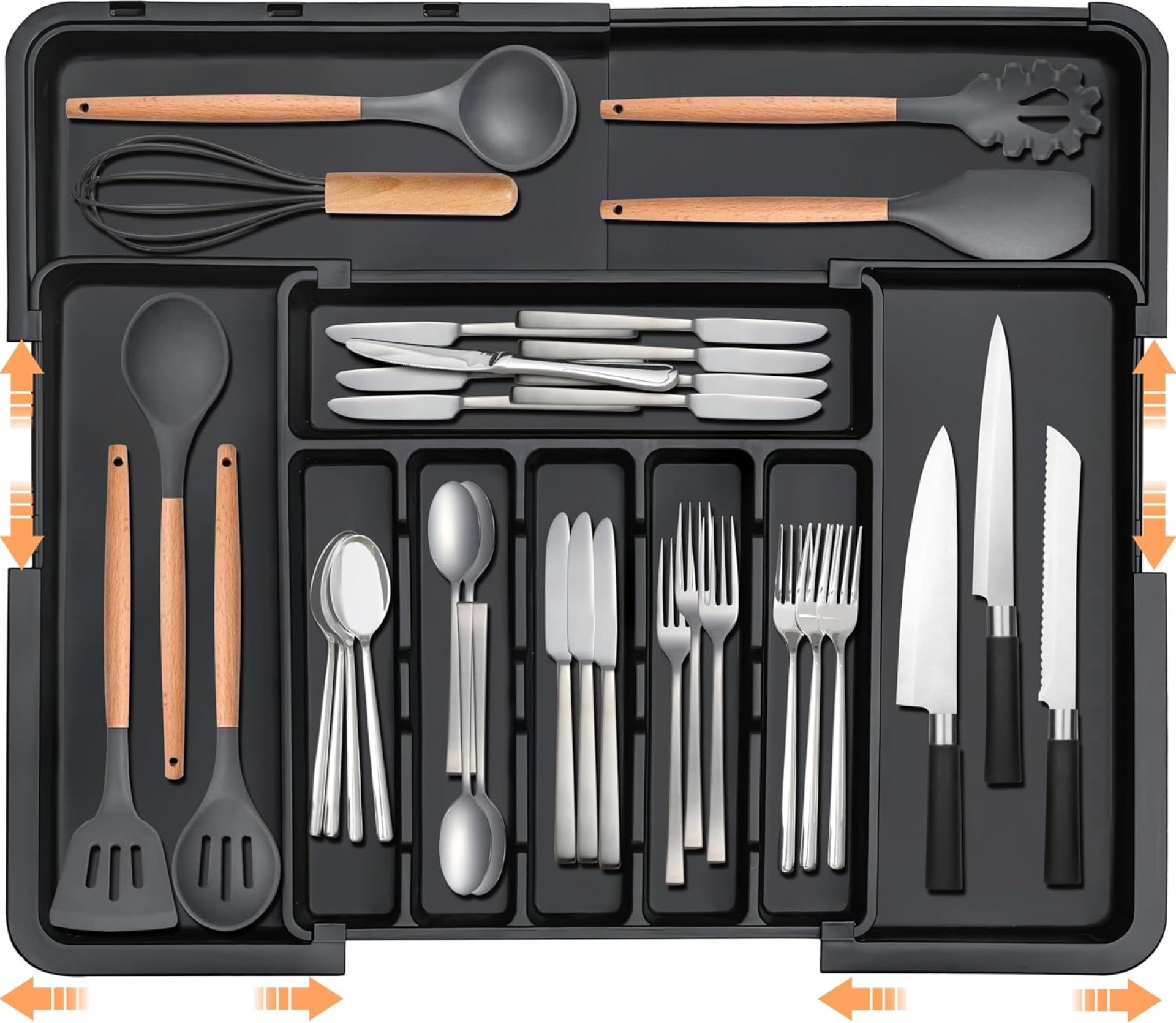 Silverware Organizer Expandable Kitchen Utensil Drawer Organizer Large BPA Free Adjustable Cutlery Silverware Tray for Spoons Forks Knives Storage Divider for Kitchen Flatware 6-9 Slots Black Silverware Organizer Expandable Kitchen Utensil Drawer Organizer Large BPA Free Adjustable Cutlery Silverware Tray for Spoons Forks Knives Storage Divider for Kitchen Flatware 6-9 Slots Black