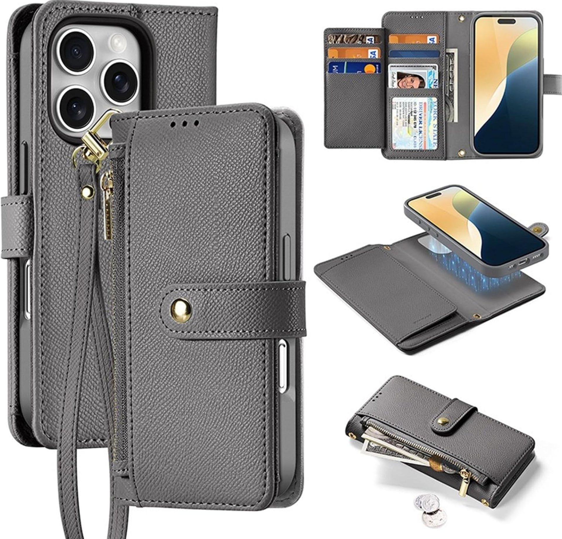 Wallet Case for iPhone 16/16 Plus/16 Pro/16 Pro Max, PU Leather Case with Card Holder, Detachable Magnetic, Crossbody Strap, Shockproof Protective Phone Cover Wallet Case for iPhone 16/16 Plus/16 Pro/16 Pro Max, PU Leather Case with Card Holder, Detachable Magnetic, Crossbody Strap, Shockproof Protective Phone Cover