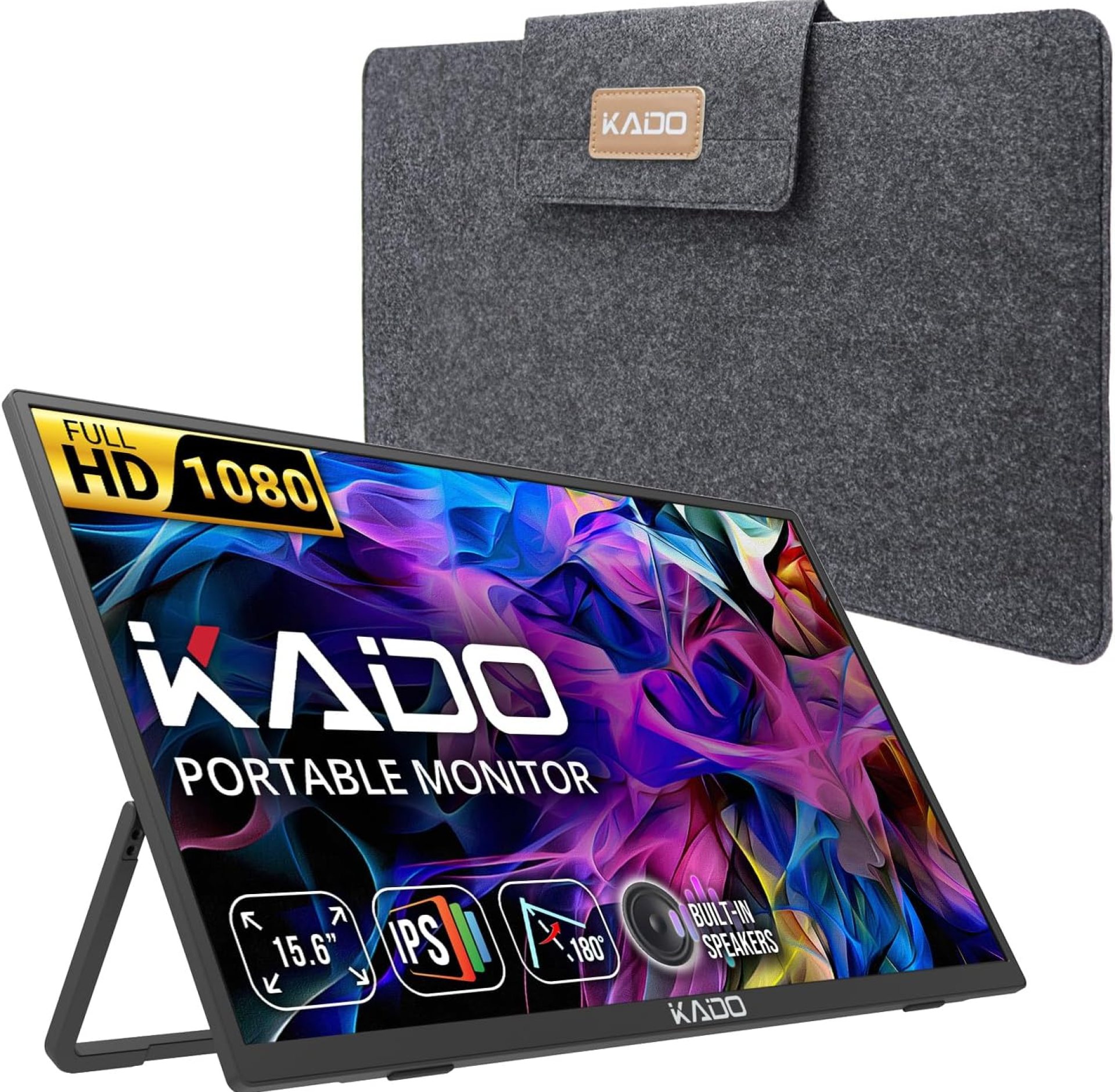 Kado Portable Monitor 15.6” FHD 1080p, USB-C HDMI Gaming Monitor Ultra-Slim IPS Display Built-in Speakers, External Display 180° Kickstand Wall/Arm Mount for Laptop PC Phone Mac Xbox PS4/PS5 Switch Kado Portable Monitor 15.6” FHD 1080p, USB-C HDMI Gaming Monitor Ultra-Slim IPS Display Built-in Speakers, External Display 180° Kickstand Wall/Arm Mount for Laptop PC Phone Mac Xbox PS4/PS5 Switch