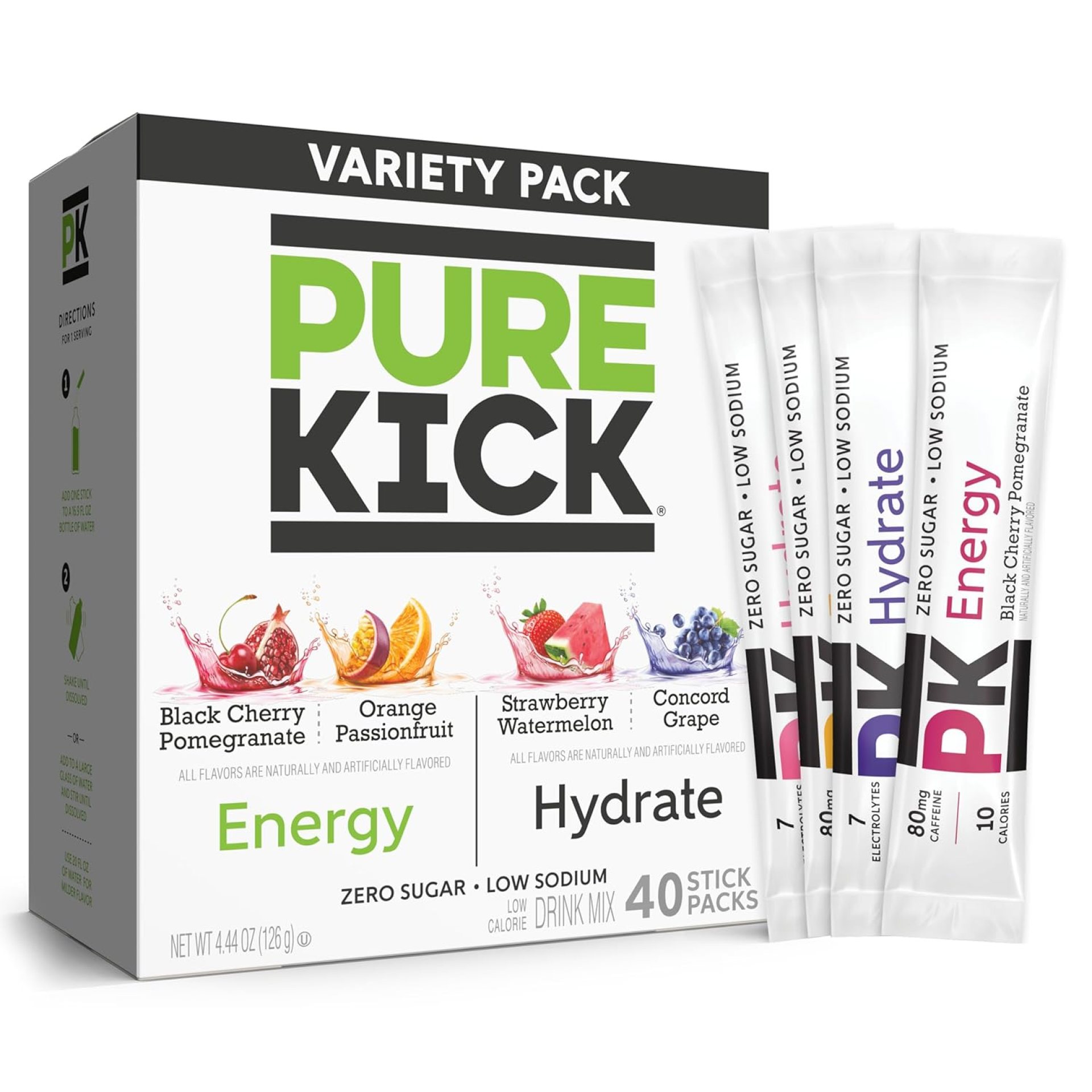 PURE KICK Energy and Hydrate Singles To Go Drink Mix Variety Pack, Black cherry Pomegranate, Orange Passion Fruit, Strawberry watermelon and Concord Grape, 40 Count (Pack – 1) PURE KICK Energy and Hydrate Singles To Go Drink Mix Variety Pack, Black cherry Pomegranate, Orange Passion Fruit, Strawberry watermelon and Concord Grape, 40 Count (Pack – 1)