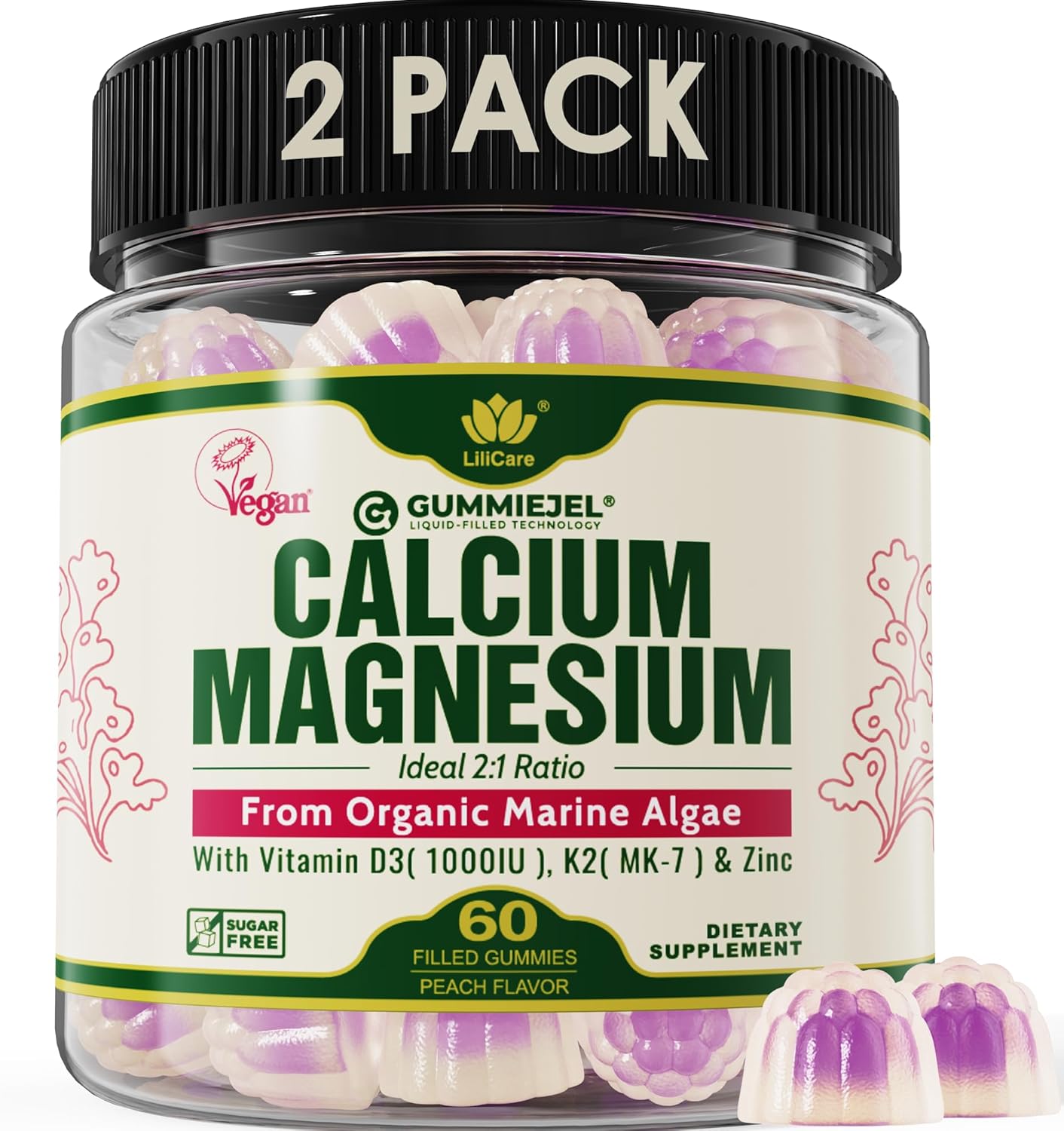 2 Pack – Plant Based Calcium Gummies 600mg with Vitamin D3 K2, Magnesium, Zinc for Bone Strength, Sugar Free Calcium Supplements for Women & Men (Certified Vegan) from Sustainably Organic Red Algae 2 Pack – Plant Based Calcium Gummies 600mg with Vitamin D3 K2, Magnesium, Zinc for Bone Strength, Sugar Free Calcium Supplements for Women & Men (Certified Vegan) from Sustainably Organic Red Algae