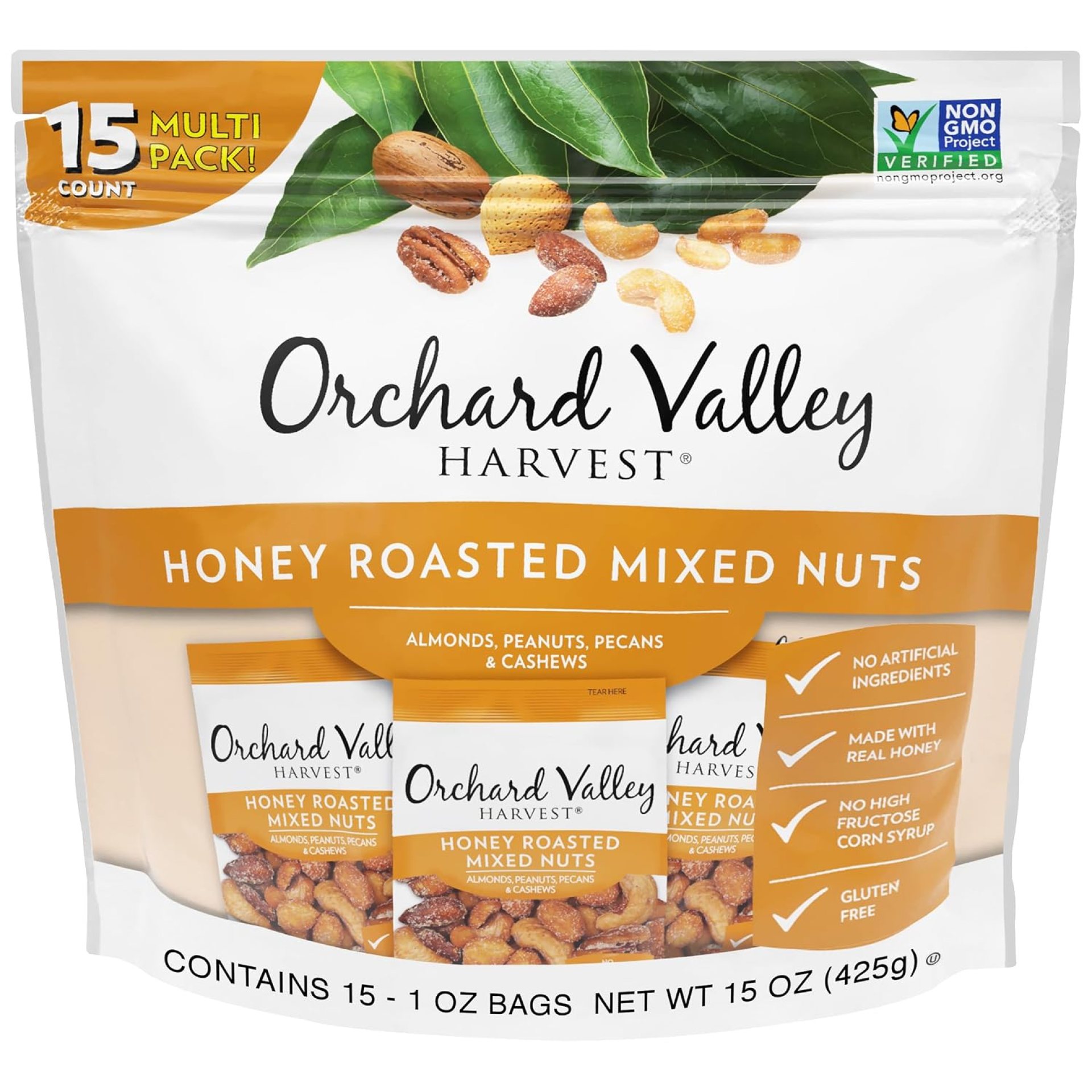 Orchard Valley Harvest Honey Roasted Mixed Nuts, 1 Ounce Bags (Pack of 15), Almonds, Peanuts, Pecans, and Cashews, Gluten Free, Non-GMO, No Artificial Ingredients Orchard Valley Harvest Honey Roasted Mixed Nuts, 1 Ounce Bags (Pack of 15), Almonds, Peanuts, Pecans, and Cashews, Gluten Free, Non-GMO, No Artificial Ingredients