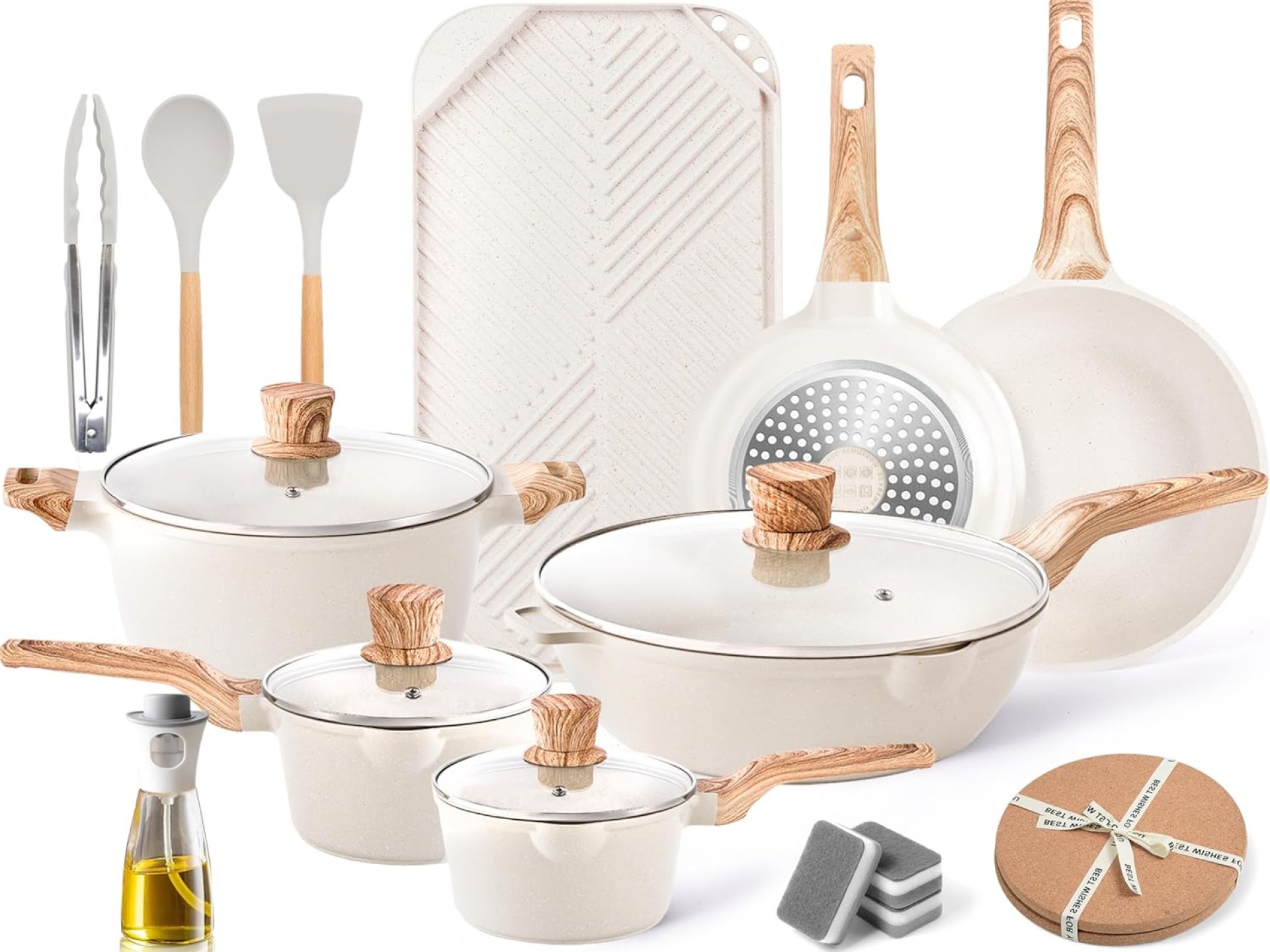 Caannasweis 20Pcs Cookware Sets, Nonstick Pots and Pans Set, Granite Induction Cookware, Non Stick Kitchen Cooking Set, Grayish White Grill Griddle Set, PFOS PFOA Free Caannasweis 20Pcs Cookware Sets, Nonstick Pots and Pans Set, Granite Induction Cookware, Non Stick Kitchen Cooking Set, Grayish White Grill Griddle Set, PFOS PFOA Free