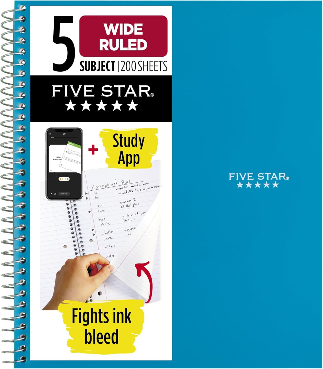 Five Star Spiral Notebook + Study App, 5 Subject, Wide Ruled Paper, 8″ x 10-1/2″, 200 Sheets, Fights Ink Bleed, Water Resistant Cover, Tidewater Blue (73196) Five Star Spiral Notebook + Study App, 5 Subject, Wide Ruled Paper, 8″ x 10-1/2″, 200 Sheets, Fights Ink Bleed, Water Resistant Cover, Tidewater Blue (73196)