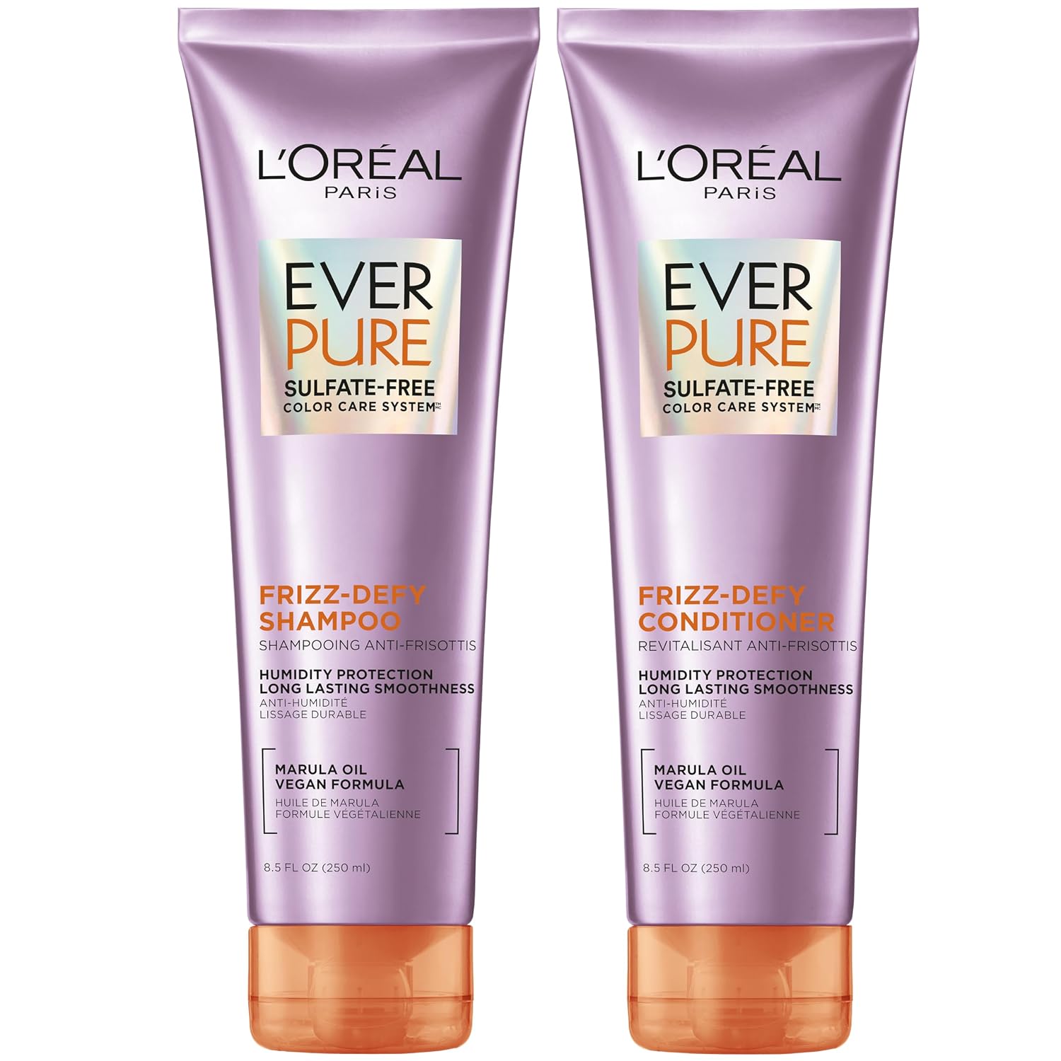 L’Oreal Paris Frizz Defy Shampoo and Conditioner Set, Frizz Control Hair Care with Marula Oil, EverPure, 8.5 Fl Oz, Set of 2 L’Oreal Paris Frizz Defy Shampoo and Conditioner Set, Frizz Control Hair Care with Marula Oil, EverPure, 8.5 Fl Oz, Set of 2