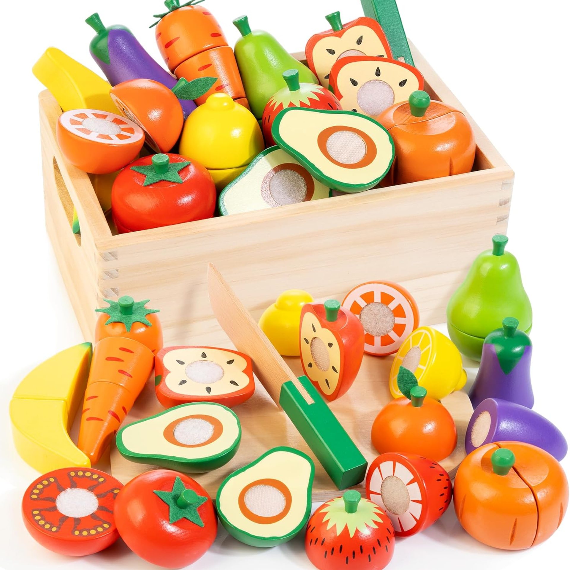 Wooden Play Food for Toddlers, Velcro Fruit and Veggies Cutting Set for Kids, Pretend Food Play Kitchen Accessories for 3 4 5 6 7 Years Old Boys & Girls Wooden Play Food for Toddlers, Velcro Fruit and Veggies Cutting Set for Kids, Pretend Food Play Kitchen Accessories for 3 4 5 6 7 Years Old Boys & Girls