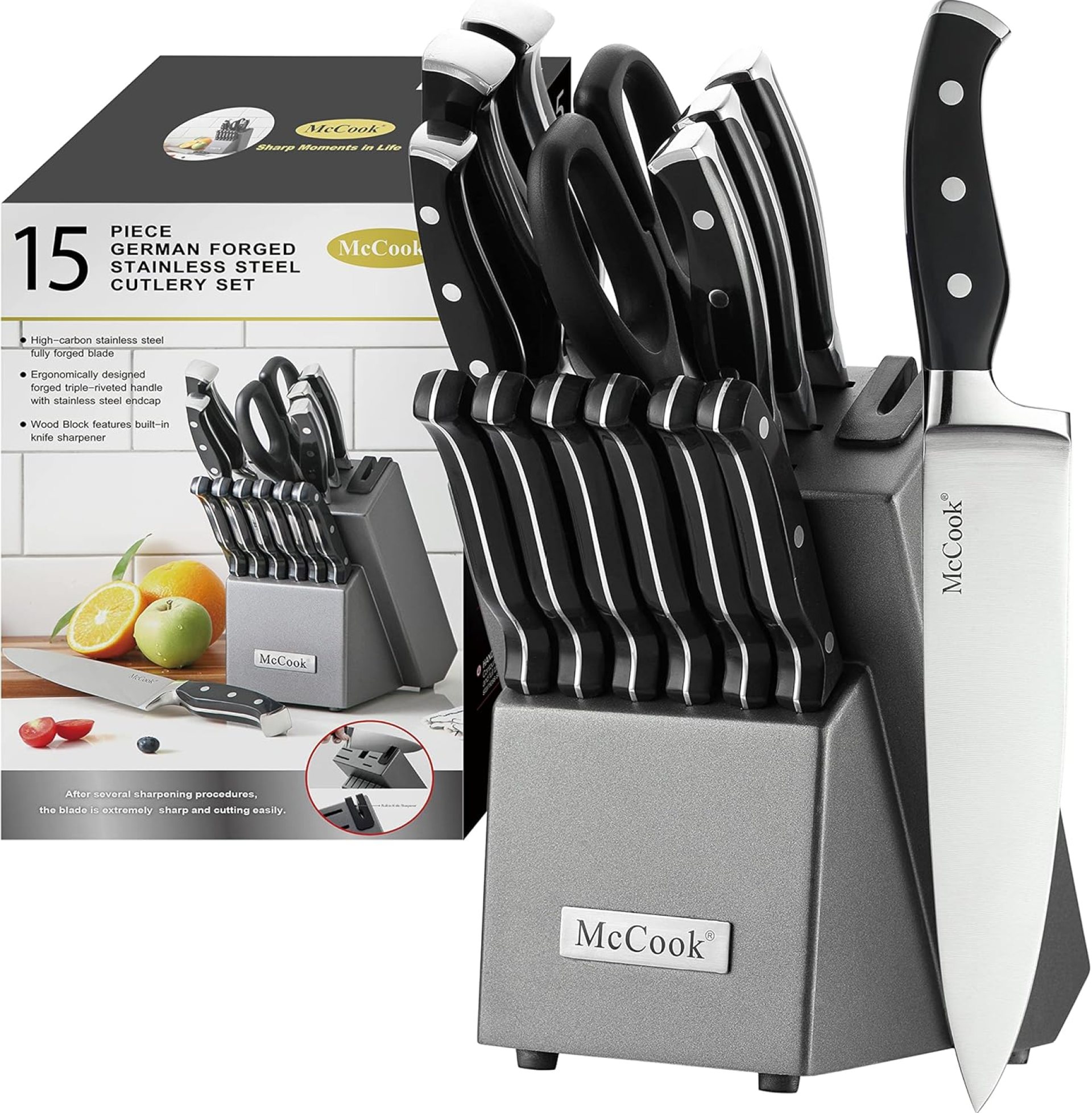 McCook® Knife Sets,German Stainless Steel Kitchen Knife Block Set with Built-in Sharpener McCook® Knife Sets,German Stainless Steel Kitchen Knife Block Set with Built-in Sharpener